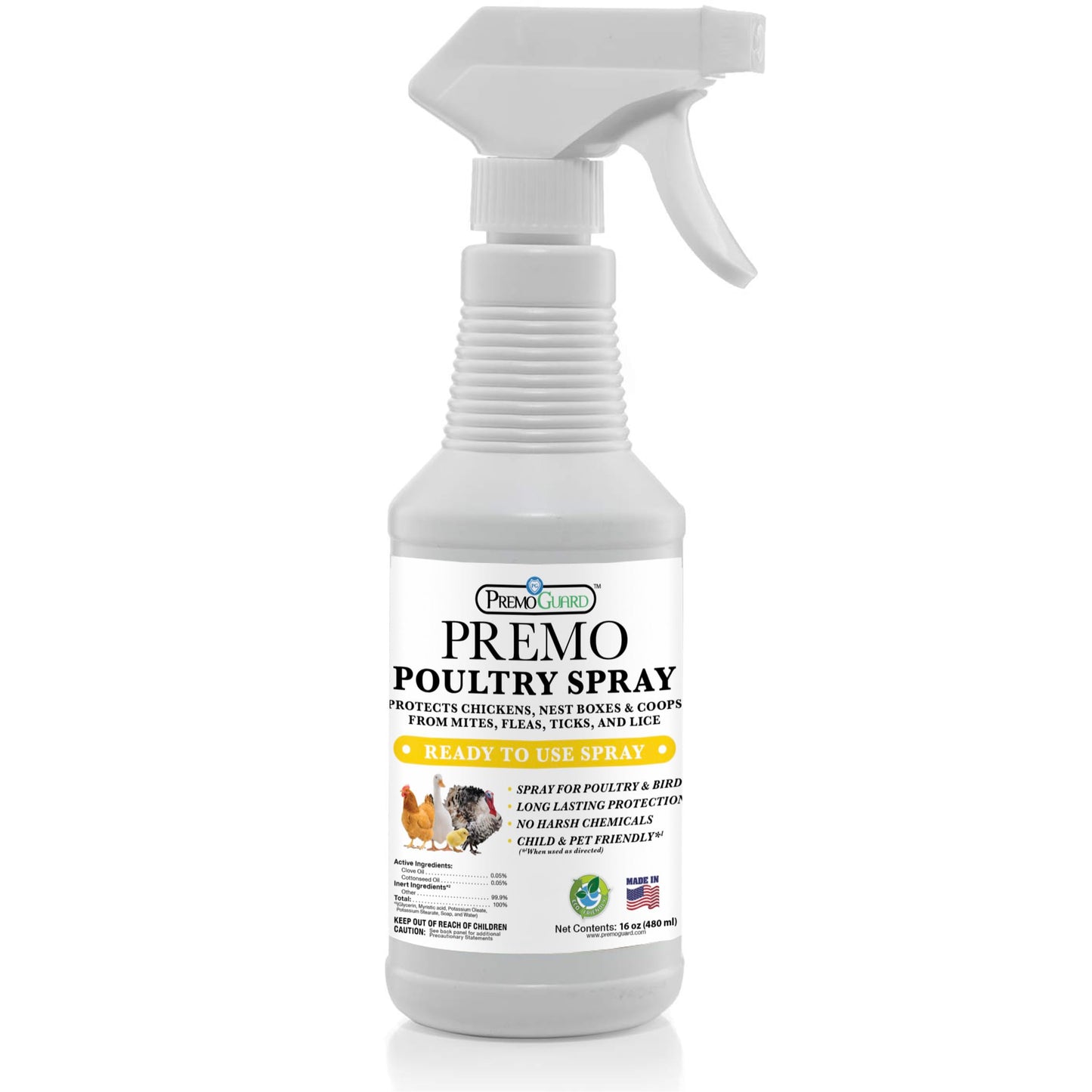 Premo Guard Poultry Spray - 32 oz - Kill Scaly Leg, Mites, Fleas, Lice, & Other Pest on Chickens and in Coops - Natural Plant Based Oils for Control, & Prevention - Family Safe with No Egg Withdrawl