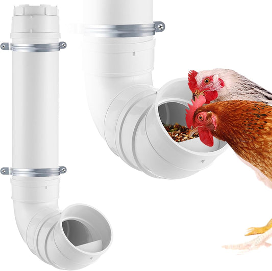 MEWTOGO Automatic Chicken Feeder No Waste - 6.6 Pounds Large Capacity Heavy Duty PVC Pipe Hanging Chicken Feeder, Poultry Gravity Feed Port for Chicken Long Feeding