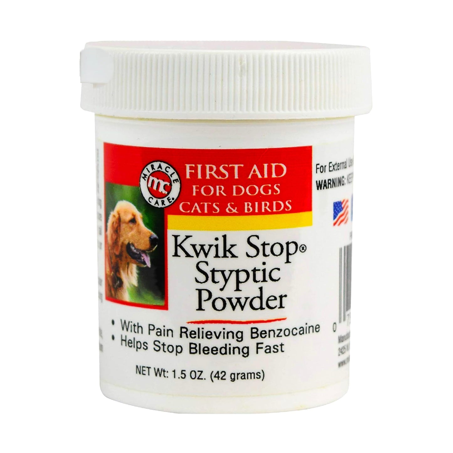 Miracle Care Kwik Stop Styptic Powder For Dogs, Cats and Birds, 0.5 Ounce, Fast Acting Blood Stop Powder with Pain Relieving Benzocaine