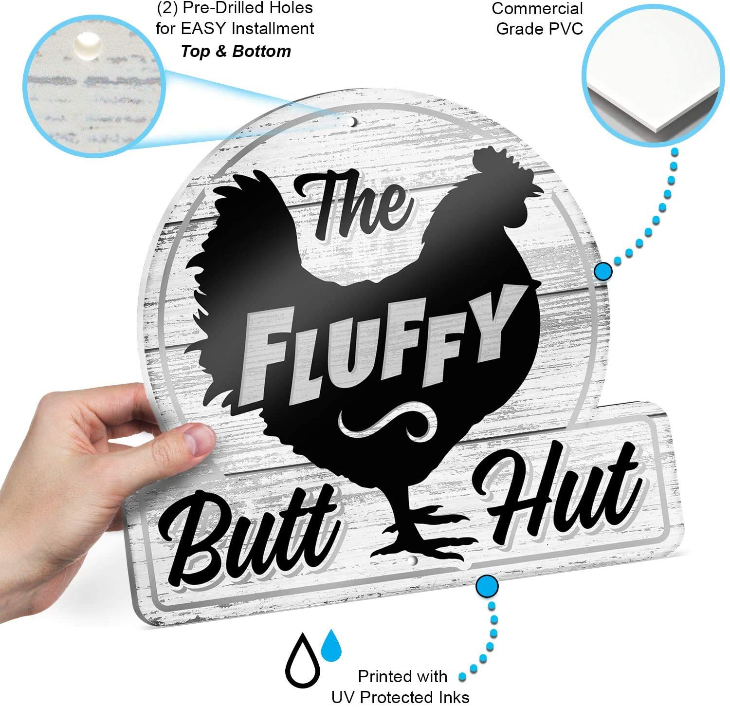 Bigtime Signs Fluffy Butt Hut Chicken Coop Sign - Funny Chickens Coop Decor for Hen Lovers, 12"x11" PVC Durable and Weatherproof - Thoughtful Gift for Chicken Lovers, Hen Feeder and Nesting Box Accent