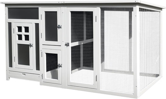 PawHut 63" Outdoor Chicken Coop Wooden, Chicken Cage with Run Area, Nesting Box, Hen House with Waterproof Roof, Removable Tray
