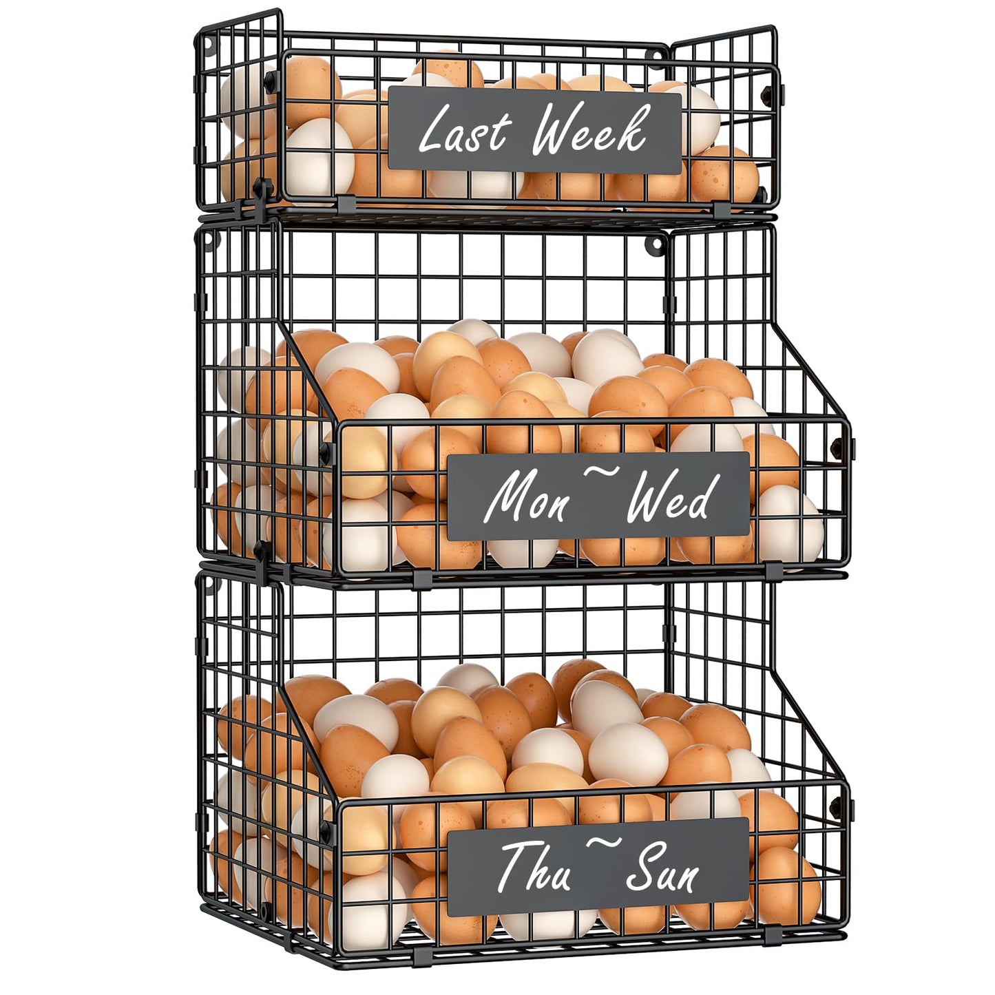 keomaisyto Egg Holder Countertop with 5 Dividers & DIY Nameplate to Separate Eggs, 3 Tier Stackable Wire Storage Baskets for Gathering Fresh Eggs, XXL Large Egg Rack, Wall-Mounted (Patent Pending)