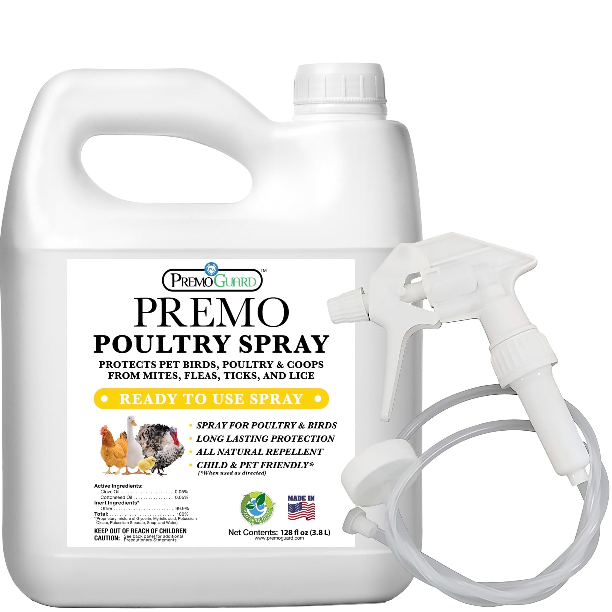 Premo Guard Poultry Spray - 32 oz - Kill Scaly Leg, Mites, Fleas, Lice, & Other Pest on Chickens and in Coops - Natural Plant Based Oils for Control, & Prevention - Family Safe with No Egg Withdrawl