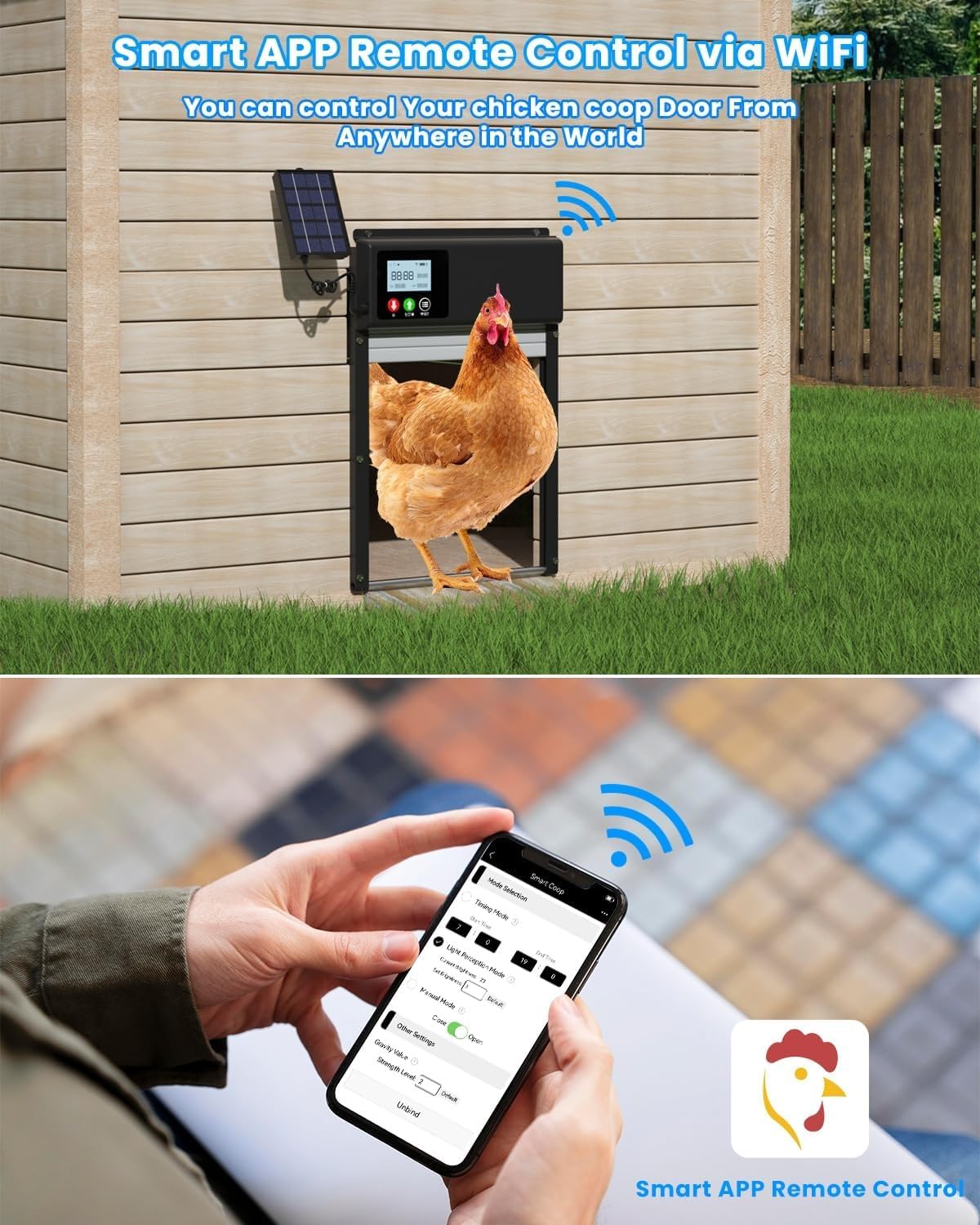 3-in-1 Upgraded WiFi Automatic Chicken Coop Door Solar Powered, APP Remote Control Chicken Door Opener, LCD Display, Timer & Light Sensor, Electric Auto Chicken Door