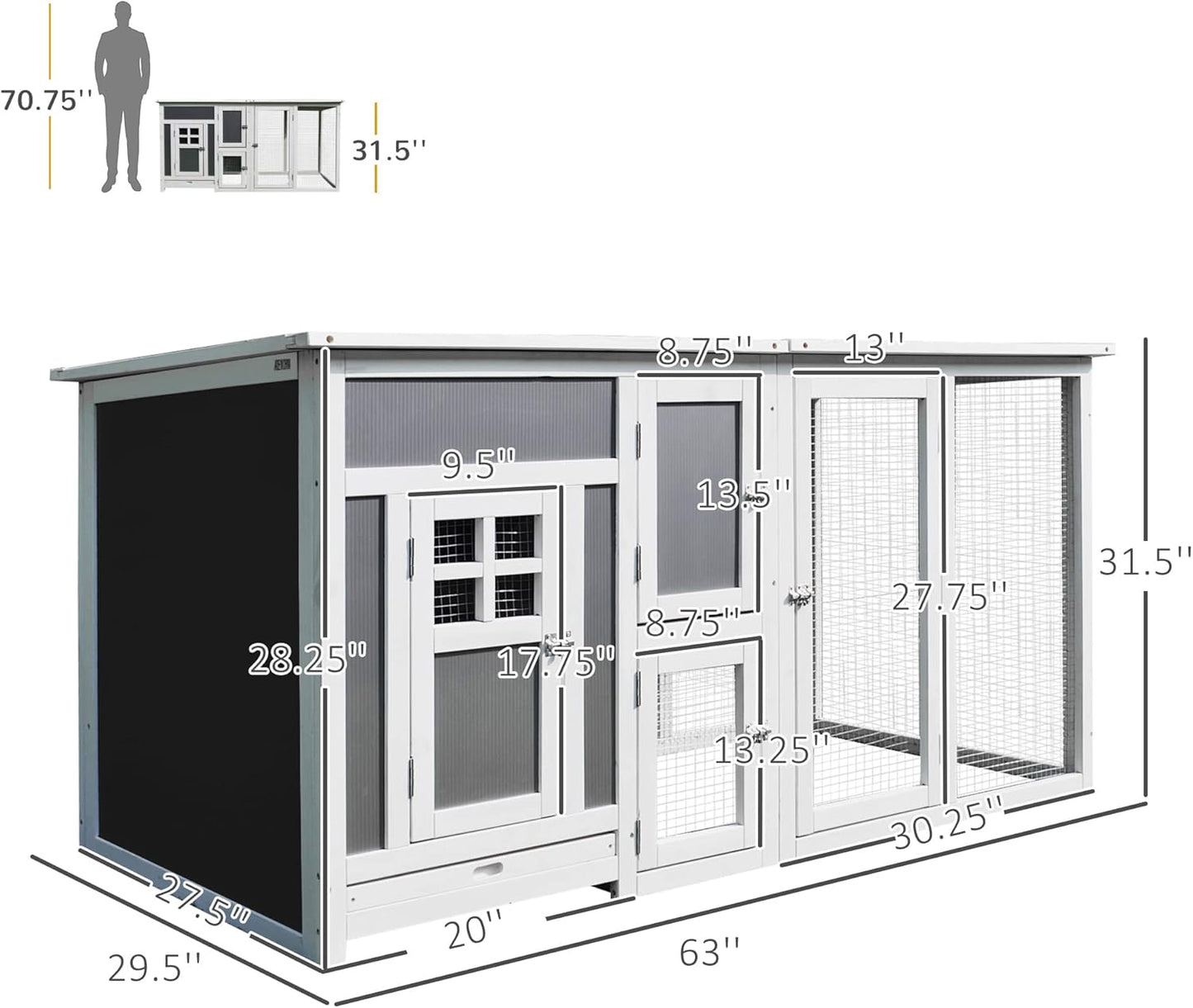 PawHut 63" Outdoor Chicken Coop Wooden, Chicken Cage with Run Area, Nesting Box, Hen House with Waterproof Roof, Removable Tray
