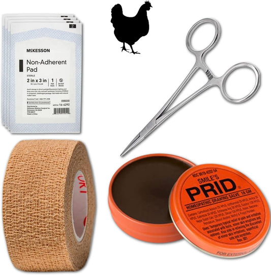 13 Pc Homeopathic Poultry Non-Surgical Bumblefoot Treatment Kit 1" Vet Wrap Surgical Grade Forceps Drawing Salve Non Stick Gauze Pads for Non-Surgical Treatment of Bumblefoot in Chickens & Poultry