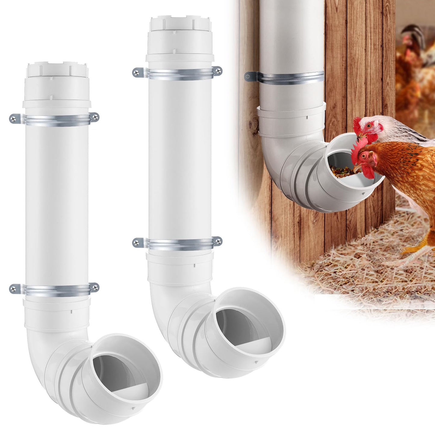 MEWTOGO Automatic Chicken Feeder No Waste - 6.6 Pounds Large Capacity Heavy Duty PVC Pipe Hanging Chicken Feeder, Poultry Gravity Feed Port for Chicken Long Feeding