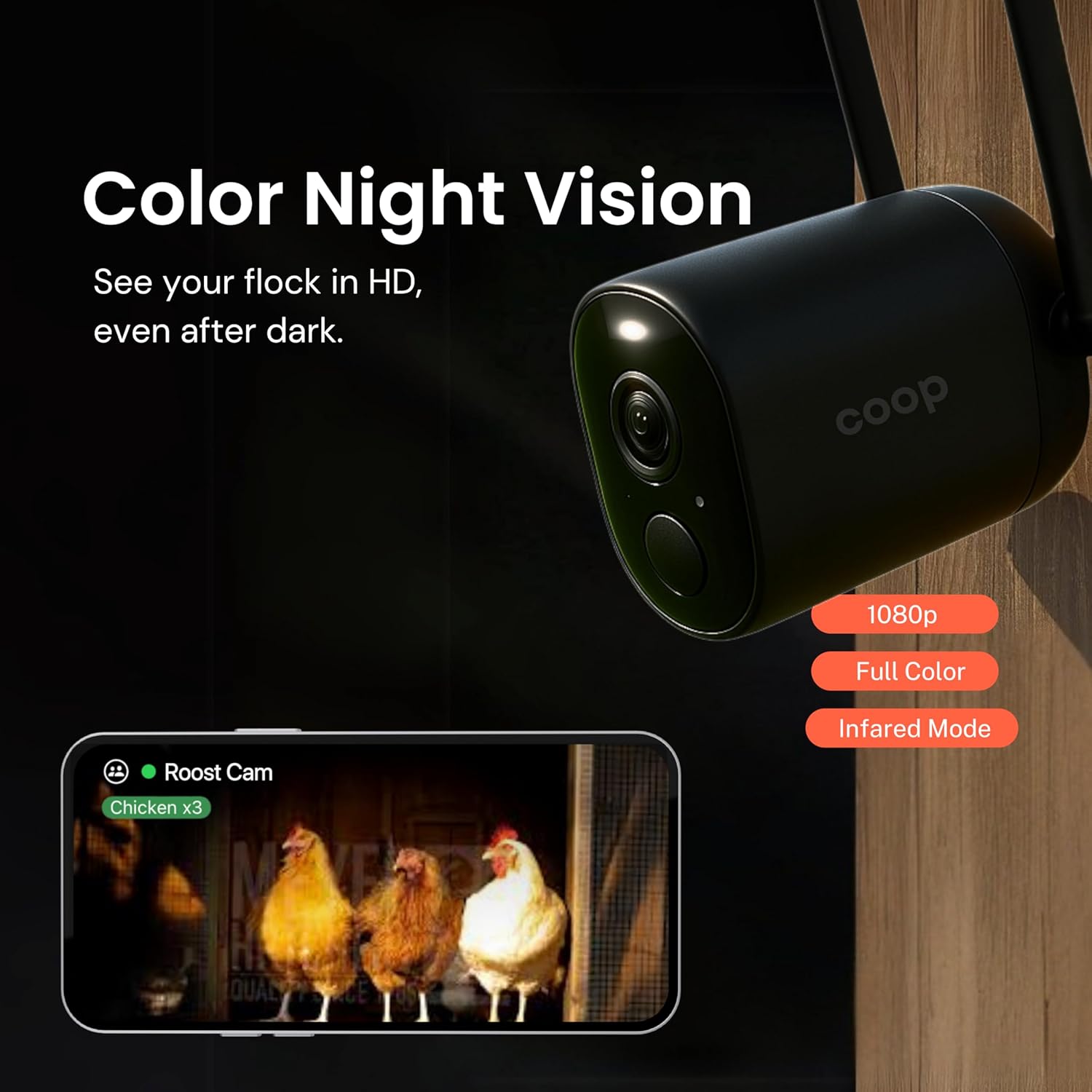 Coop Smart WiFi Chicken Camera โ 1080p HD, Night Vision, AI Predator Alerts, iOS Only, Battery + Solar Option, Outdoor Waterproof Security Cam Monitoring & Egg Watch