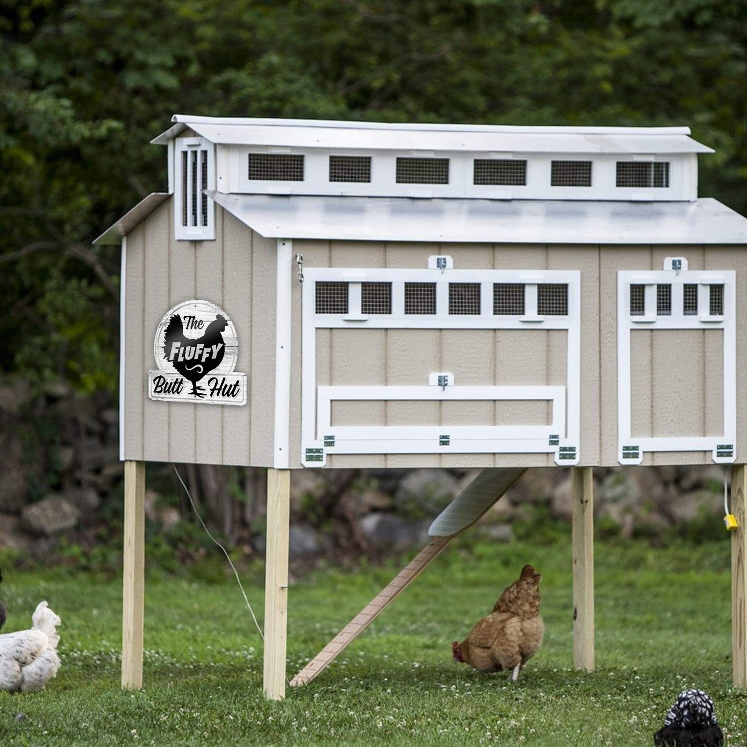 Bigtime Signs Fluffy Butt Hut Chicken Coop Sign - Funny Chickens Coop Decor for Hen Lovers, 12"x11" PVC Durable and Weatherproof - Thoughtful Gift for Chicken Lovers, Hen Feeder and Nesting Box Accent