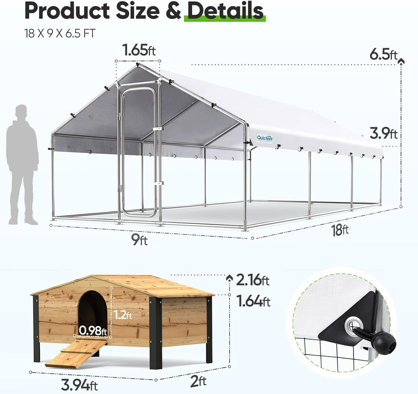 Quictent Large Metal Chicken Coop Run W/Nesting Box for 30+ Poultry with Heavy Duty Wire Mesh and Waterproof Roof Cover, Outdoor Walk-in Cage Peak Hen House for Yard Farm, 18x9x6.6FT