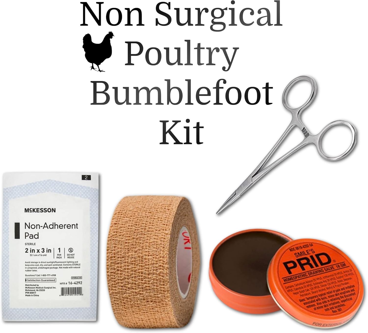 13 Pc Homeopathic Poultry Non-Surgical Bumblefoot Treatment Kit 1" Vet Wrap Surgical Grade Forceps Drawing Salve Non Stick Gauze Pads for Non-Surgical Treatment of Bumblefoot in Chickens & Poultry