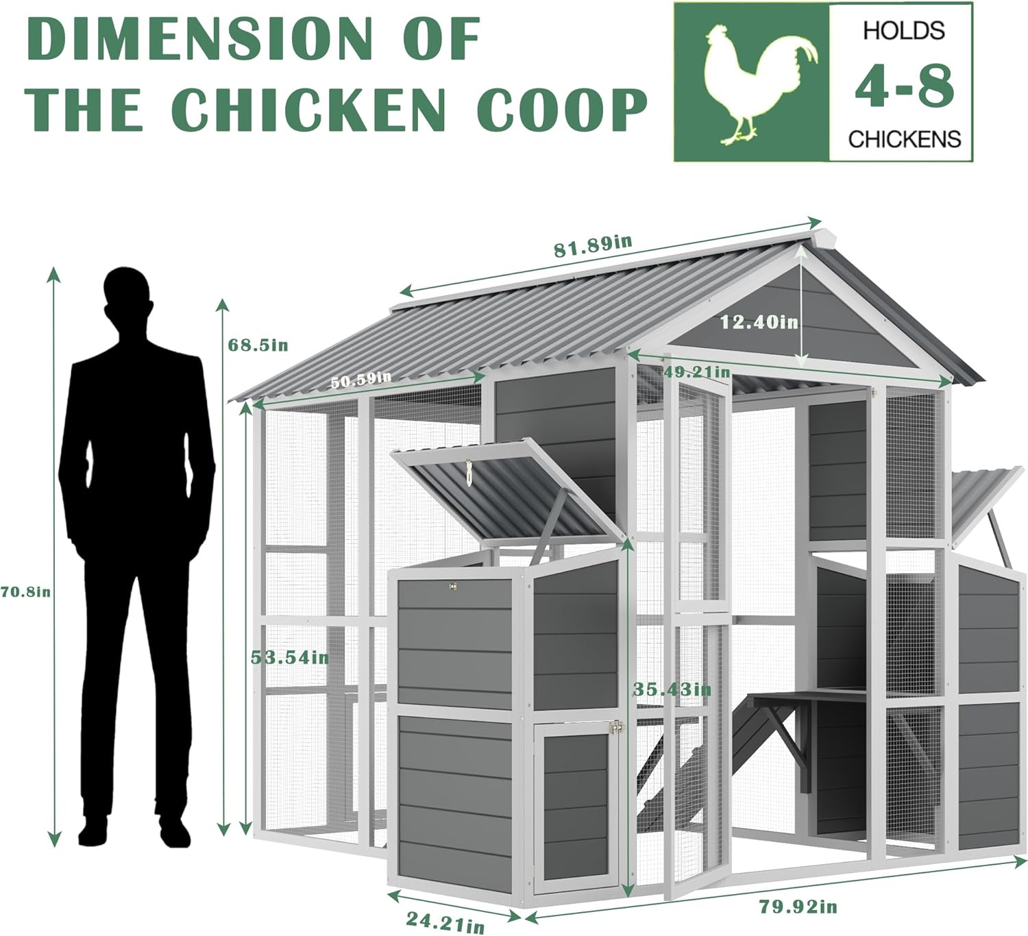Outdoor Wooden Chicken Coop for 10 Chickens,Large Hen House Poultry Habitat Pet Hutch Run Cage with 2 Chicken Nesting Boxes,Walk in Chicken Coops Run W/Ramp and Run,Waterproof Roof,(80"×82"×69")