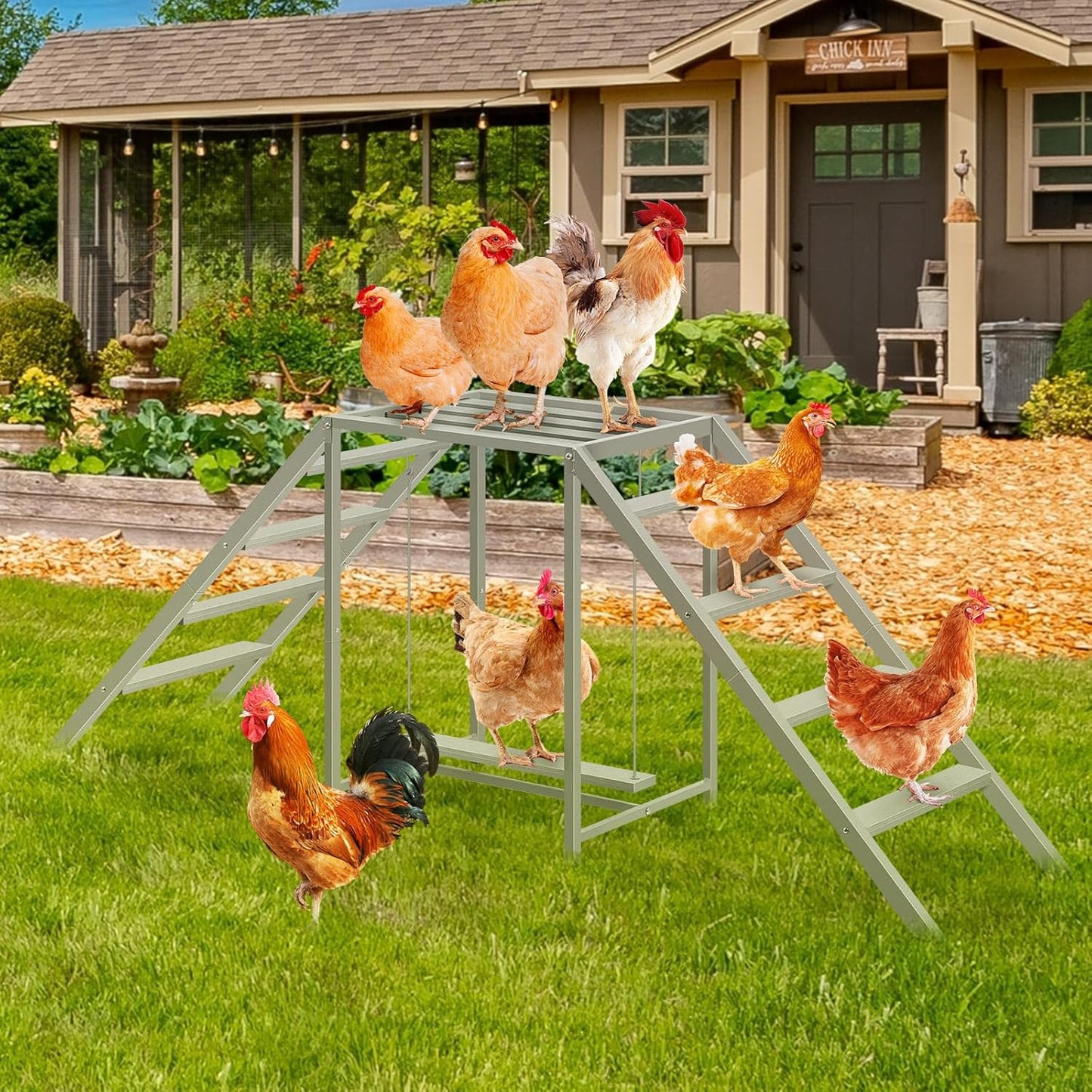 Chicken Coop Perches with Swing, Chicken Roosting Bars, Chicken Run Accessories Toy, Wooden Ladder for Pet's Healthy & Happy, Sturdy and Easy to Clean, Suitable for Backyard Farm