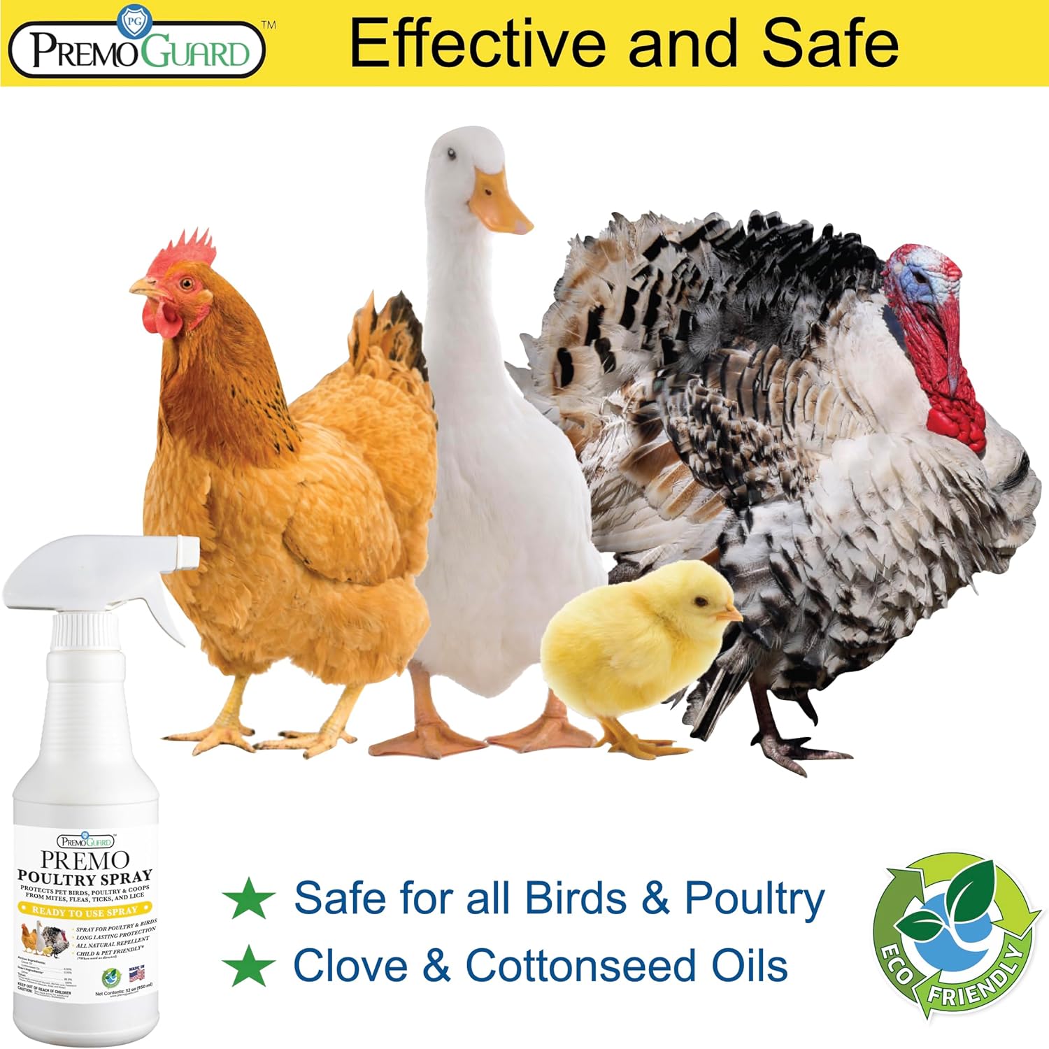 Premo Guard Poultry Spray - 32 oz - Kill Scaly Leg, Mites, Fleas, Lice, & Other Pest on Chickens and in Coops - Natural Plant Based Oils for Control, & Prevention - Family Safe with No Egg Withdrawl