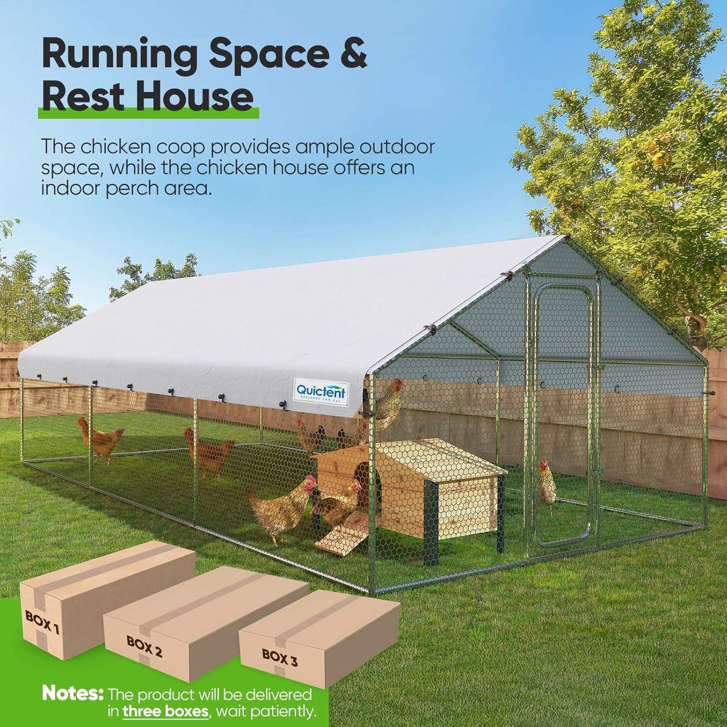 Quictent Large Metal Chicken Coop Run W/Nesting Box for 30+ Poultry with Heavy Duty Wire Mesh and Waterproof Roof Cover, Outdoor Walk-in Cage Peak Hen House for Yard Farm, 18x9x6.6FT