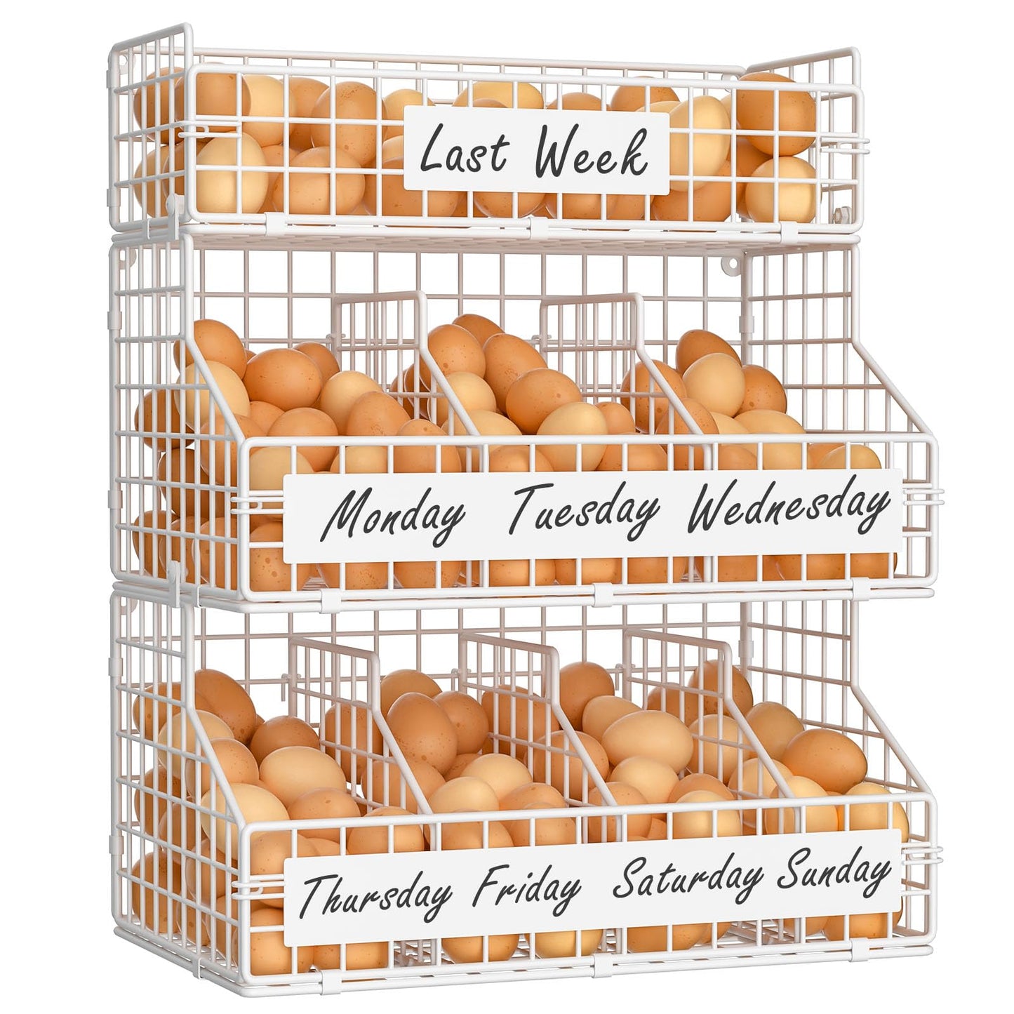 keomaisyto Egg Holder Countertop with 5 Dividers & DIY Nameplate to Separate Eggs, 3 Tier Stackable Wire Storage Baskets for Gathering Fresh Eggs, XXL Large Egg Rack, Wall-Mounted (Patent Pending)