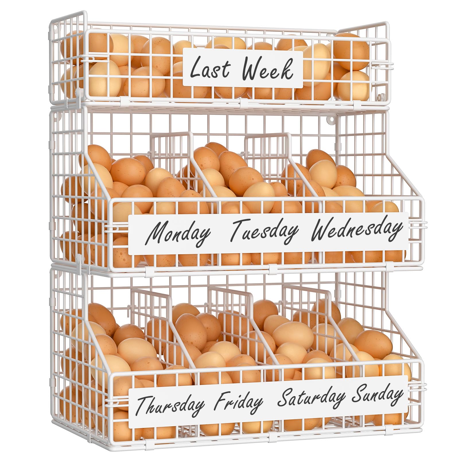 keomaisyto Egg Holder Countertop with 5 Dividers & DIY Nameplate to Separate Eggs, 3 Tier Stackable Wire Storage Baskets for Gathering Fresh Eggs, XXL Large Egg Rack, Wall-Mounted (Patent Pending)