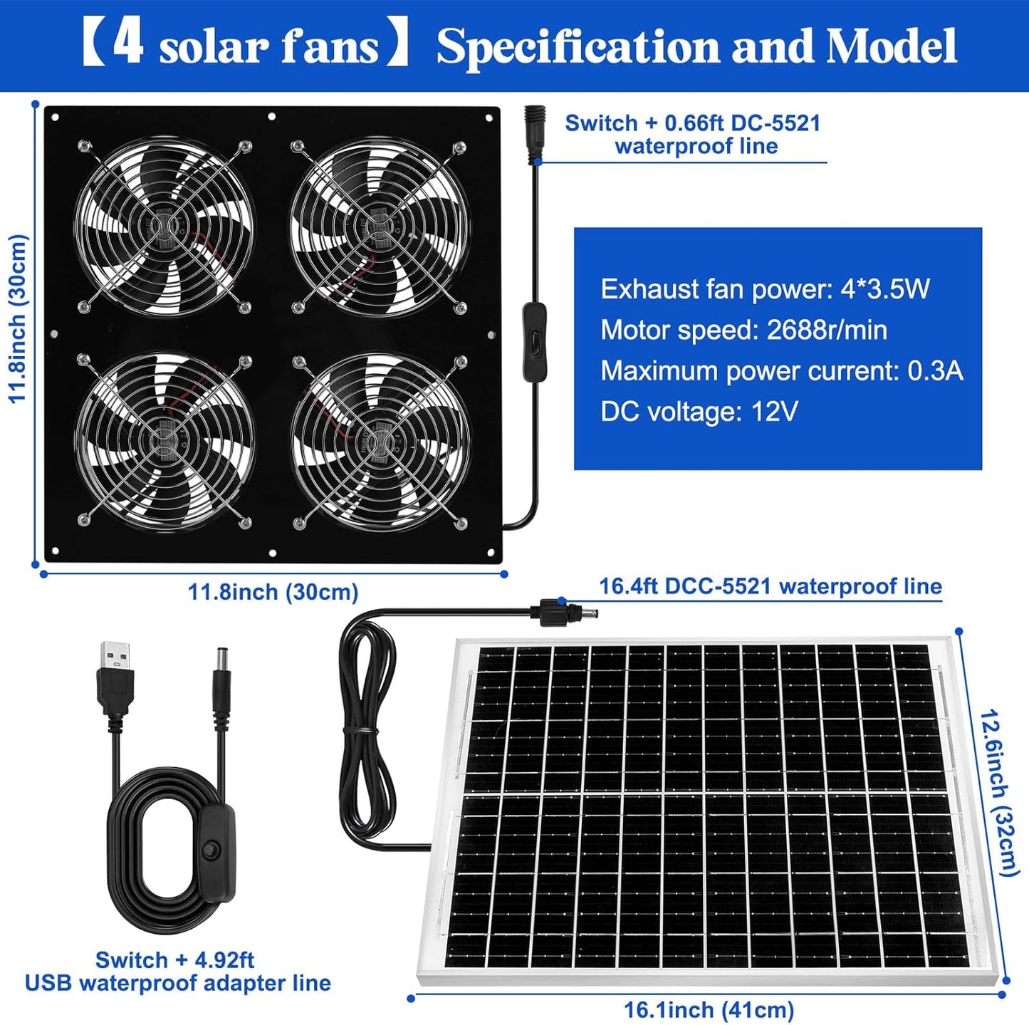 Solar Exhaust Fan for Chicken Coop & Powered Fan with 25W Solar Panel & 4-Pack High-Speed Brushless DC Fans, Solar Shed Ventilation Fan for Greenhouses,Attics, Barns & Dog Houses