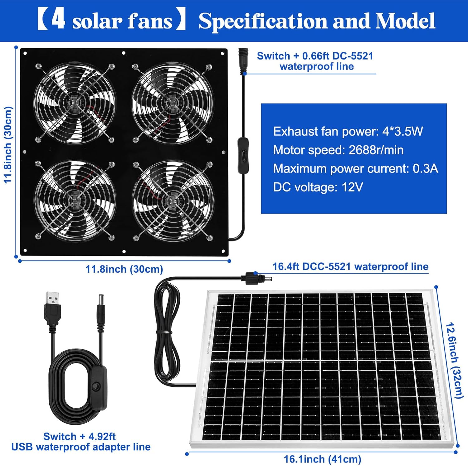 Solar Exhaust Fan for Chicken Coop & Powered Fan with 25W Solar Panel & 4-Pack High-Speed Brushless DC Fans, Solar Shed Ventilation Fan for Greenhouses,Attics, Barns & Dog Houses