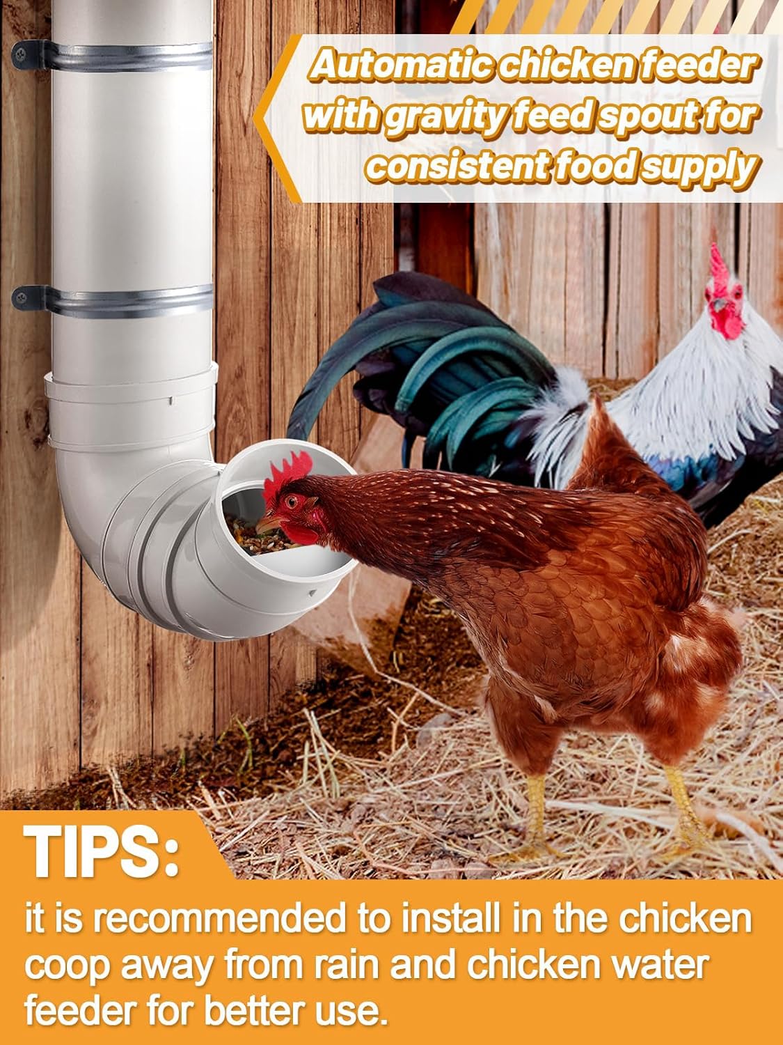 MEWTOGO Automatic Chicken Feeder No Waste - 6.6 Pounds Large Capacity Heavy Duty PVC Pipe Hanging Chicken Feeder, Poultry Gravity Feed Port for Chicken Long Feeding