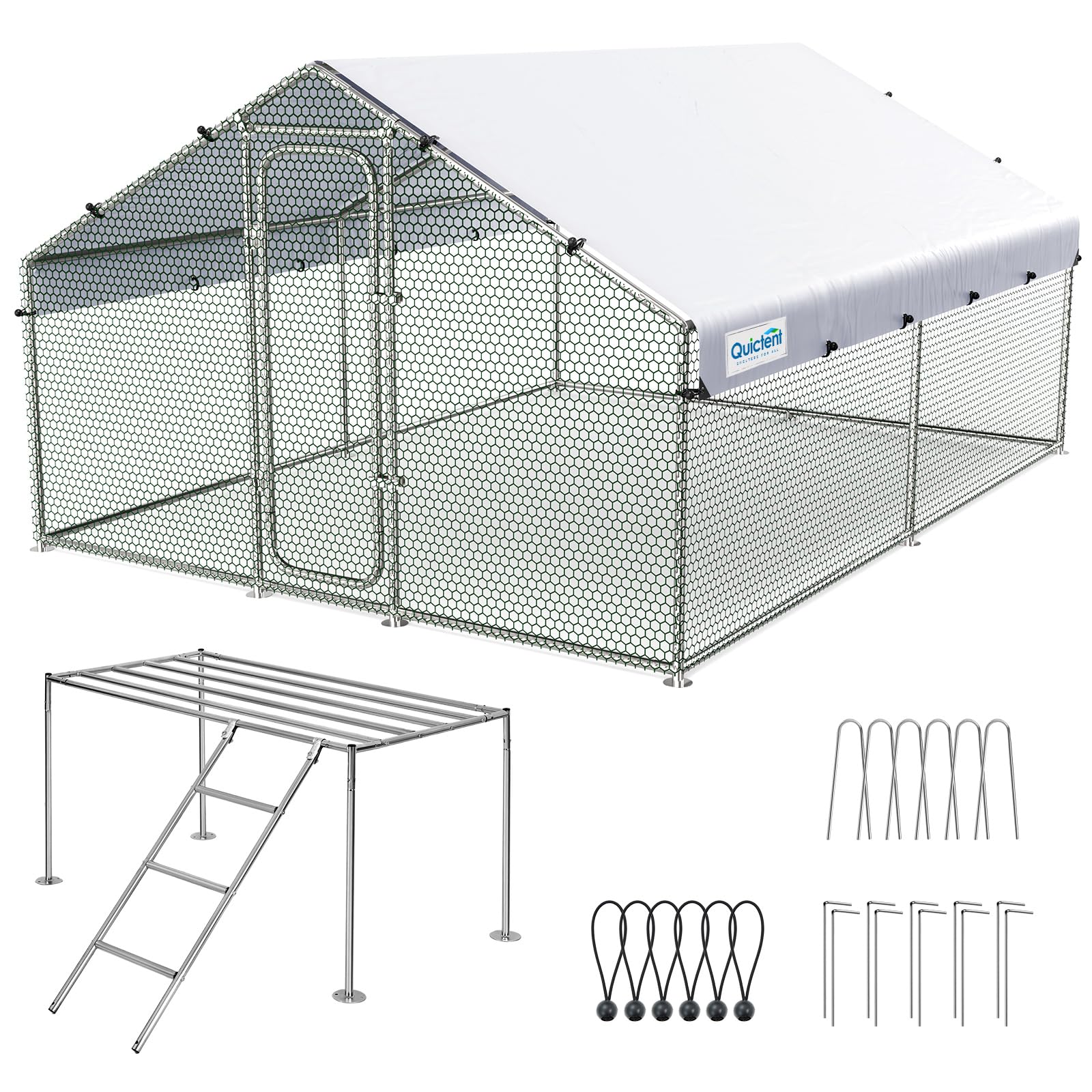 Quictent Large Metal Chicken Coop Run W/Nesting Box for 30+ Poultry with Heavy Duty Wire Mesh and Waterproof Roof Cover, Outdoor Walk-in Cage Peak Hen House for Yard Farm, 18x9x6.6FT
