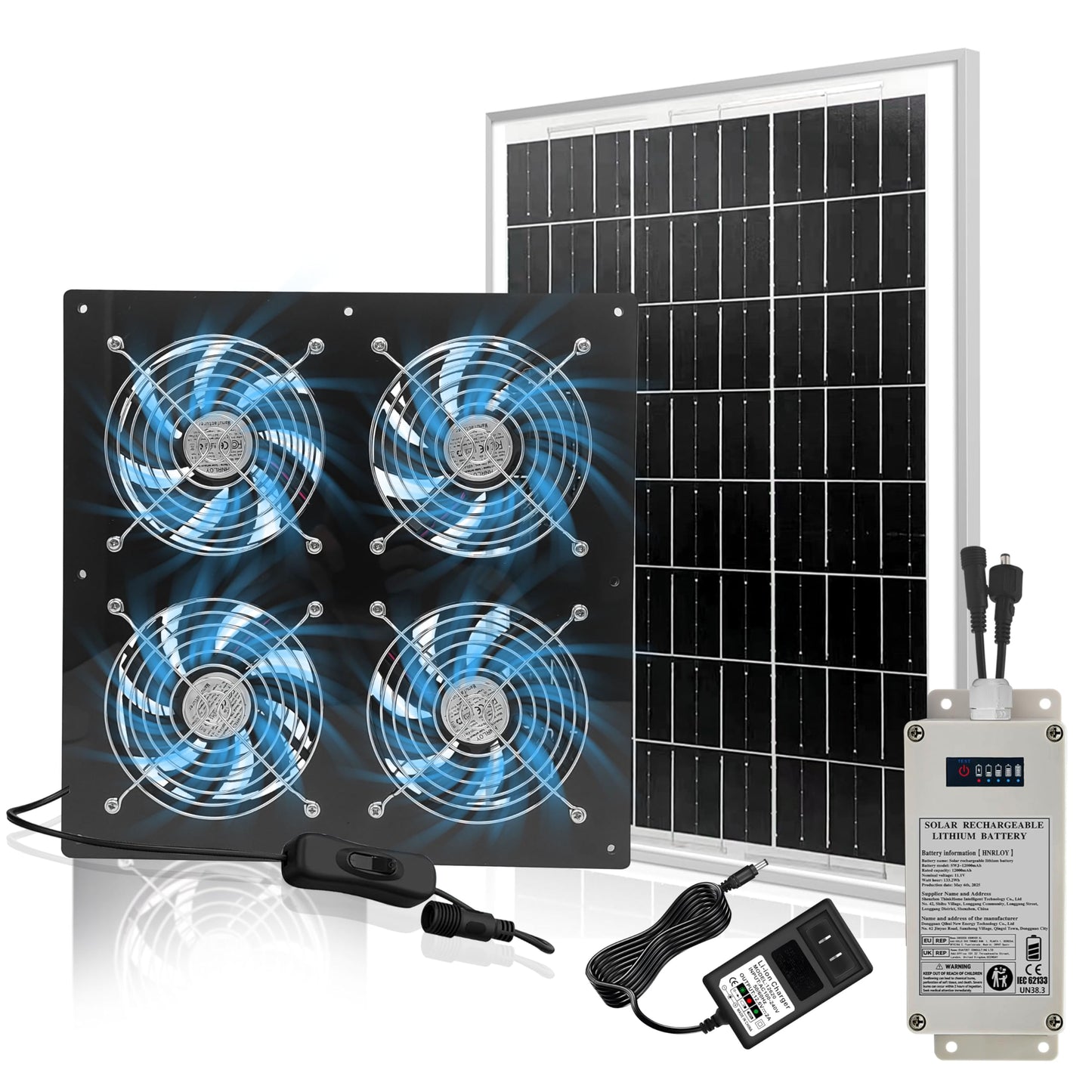 Solar Exhaust Fan for Chicken Coop & Powered Fan with 25W Solar Panel & 4-Pack High-Speed Brushless DC Fans, Solar Shed Ventilation Fan for Greenhouses,Attics, Barns & Dog Houses