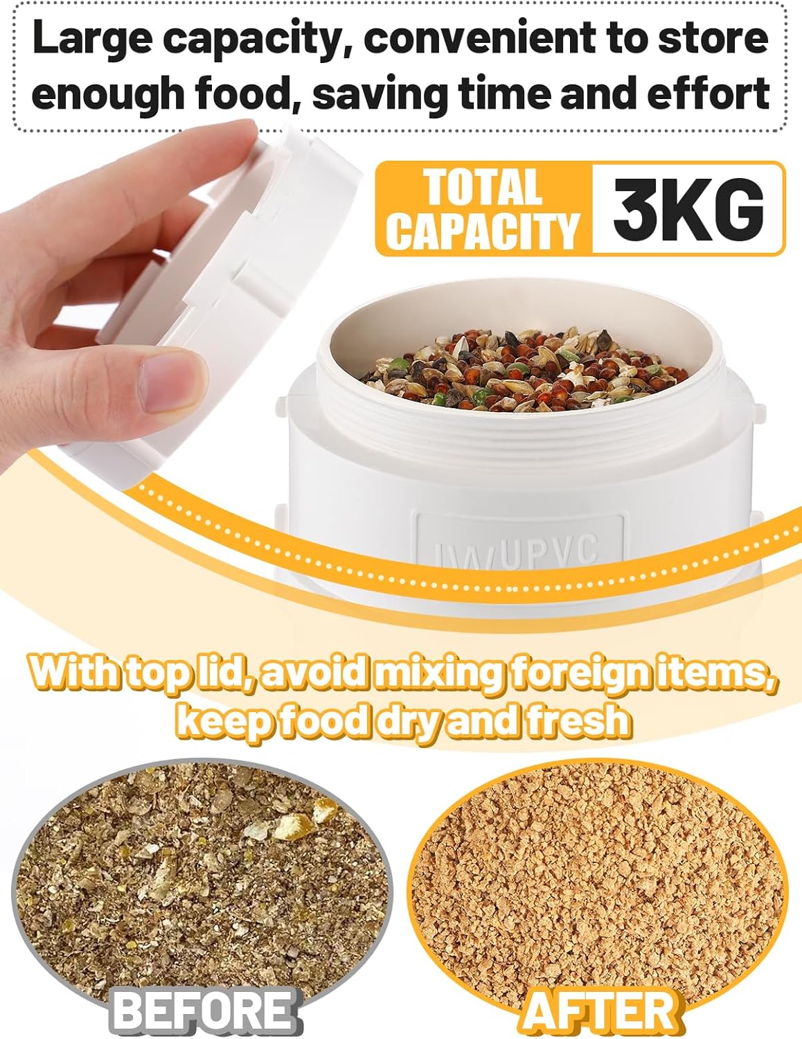 MEWTOGO Automatic Chicken Feeder No Waste - 6.6 Pounds Large Capacity Heavy Duty PVC Pipe Hanging Chicken Feeder, Poultry Gravity Feed Port for Chicken Long Feeding
