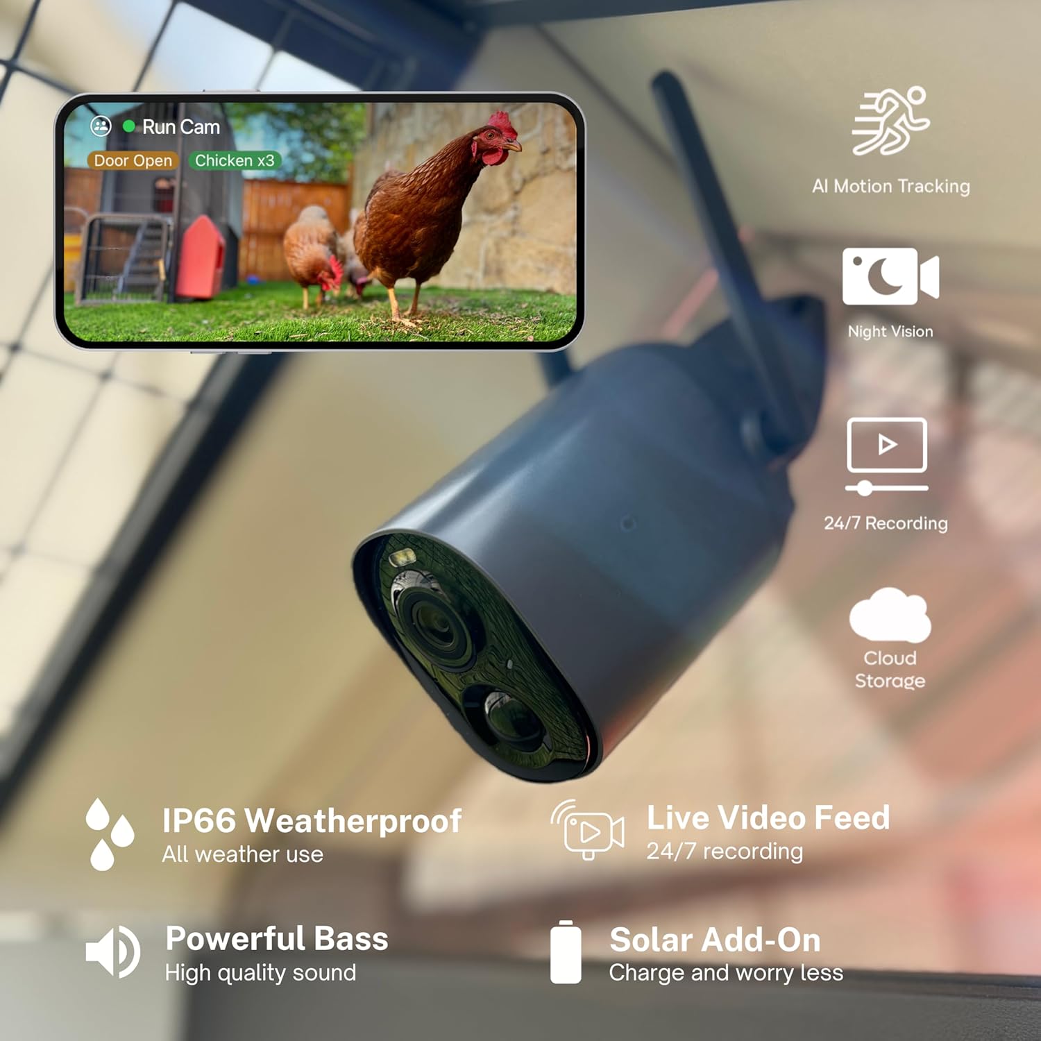 Coop Smart WiFi Chicken Camera โ 1080p HD, Night Vision, AI Predator Alerts, iOS Only, Battery + Solar Option, Outdoor Waterproof Security Cam Monitoring & Egg Watch