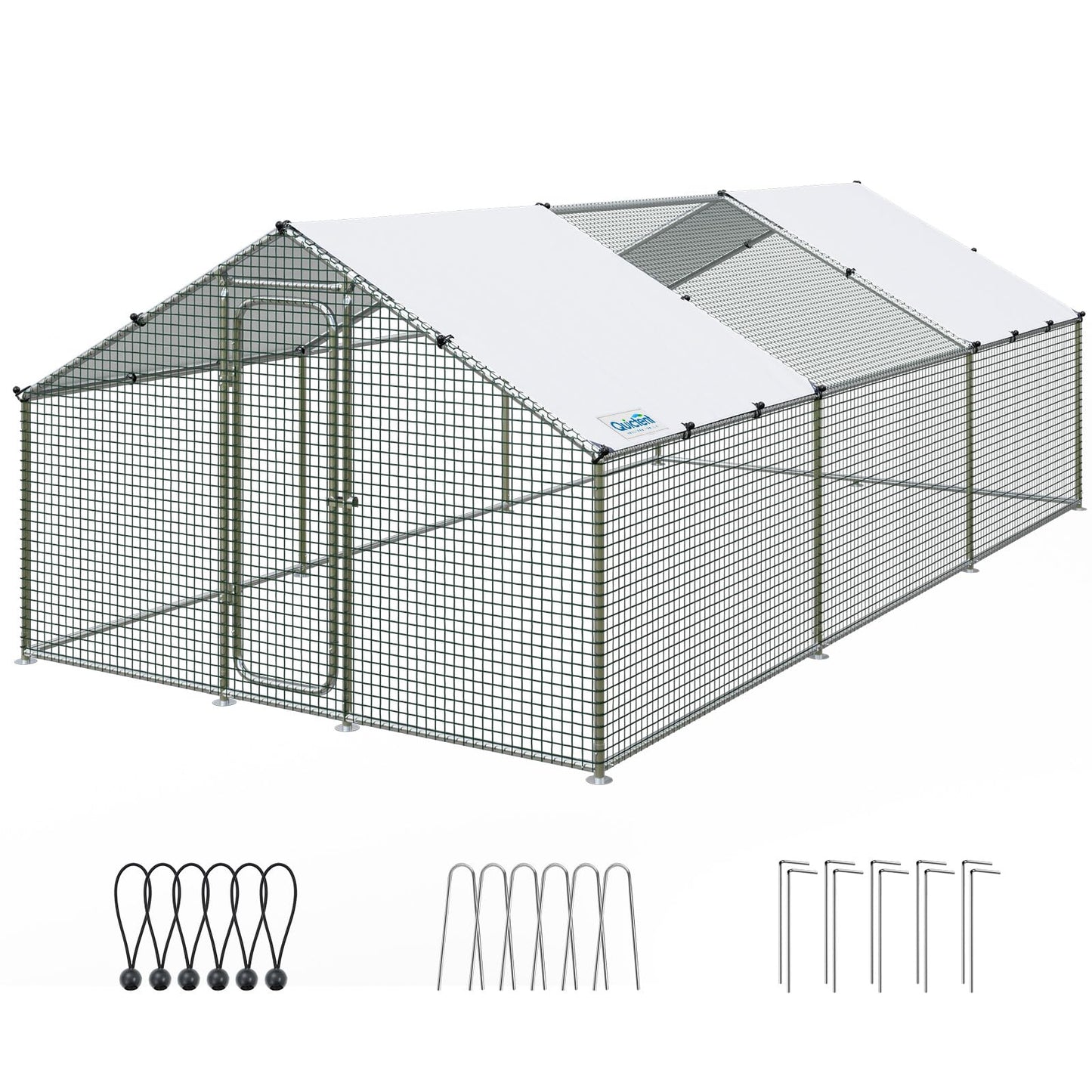 Quictent Large Metal Chicken Coop Run W/Nesting Box for 30+ Poultry with Heavy Duty Wire Mesh and Waterproof Roof Cover, Outdoor Walk-in Cage Peak Hen House for Yard Farm, 18x9x6.6FT