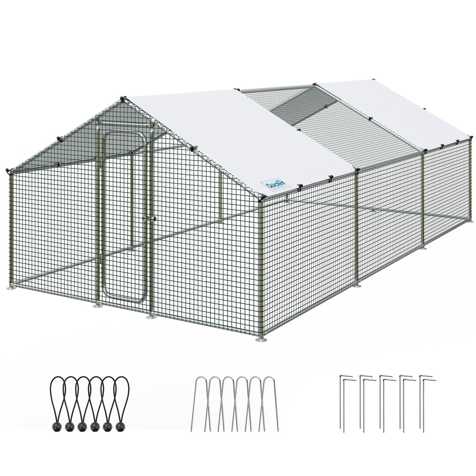 Quictent Large Metal Chicken Coop Run W/Nesting Box for 30+ Poultry with Heavy Duty Wire Mesh and Waterproof Roof Cover, Outdoor Walk-in Cage Peak Hen House for Yard Farm, 18x9x6.6FT