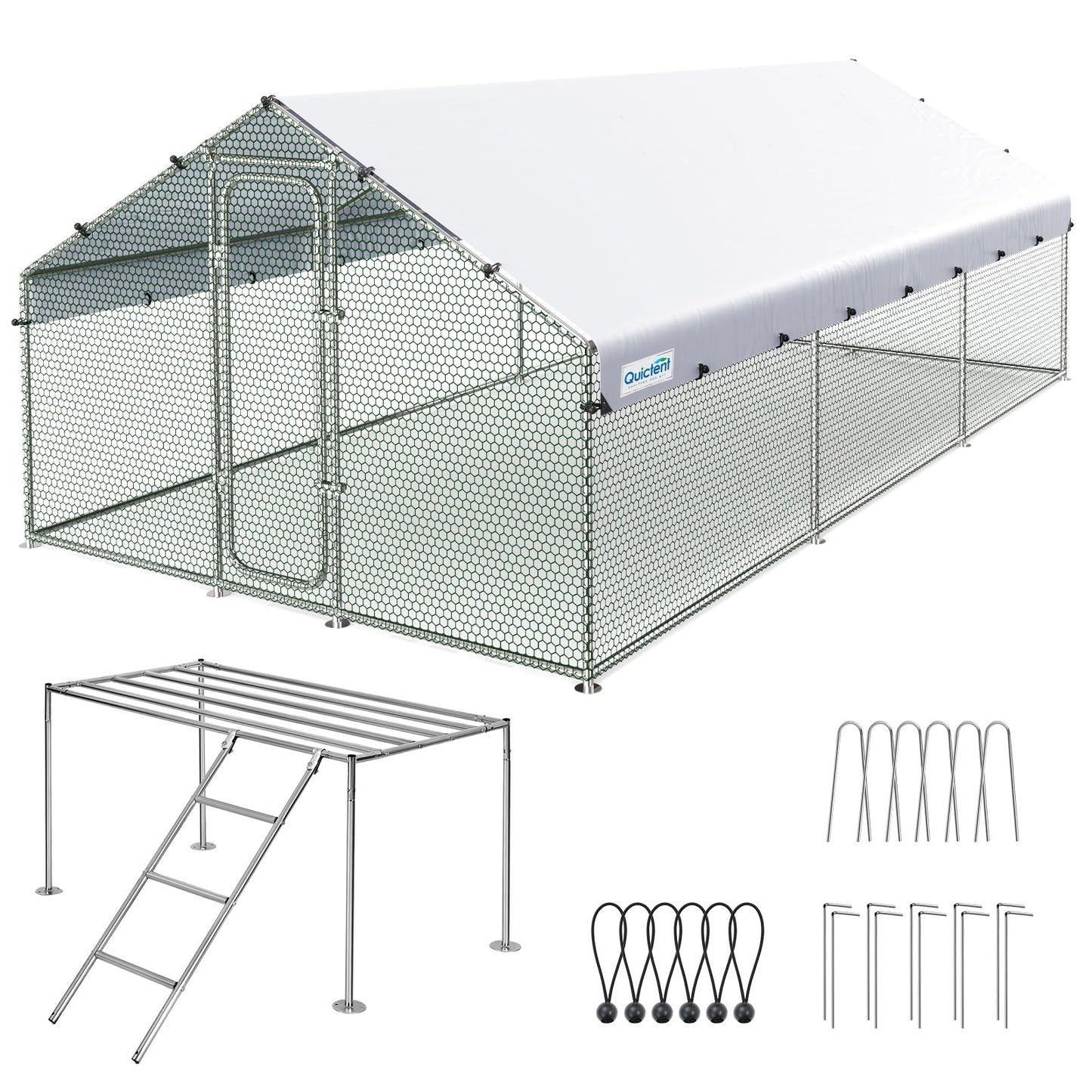 Quictent Large Metal Chicken Coop Run W/Nesting Box for 30+ Poultry with Heavy Duty Wire Mesh and Waterproof Roof Cover, Outdoor Walk-in Cage Peak Hen House for Yard Farm, 18x9x6.6FT