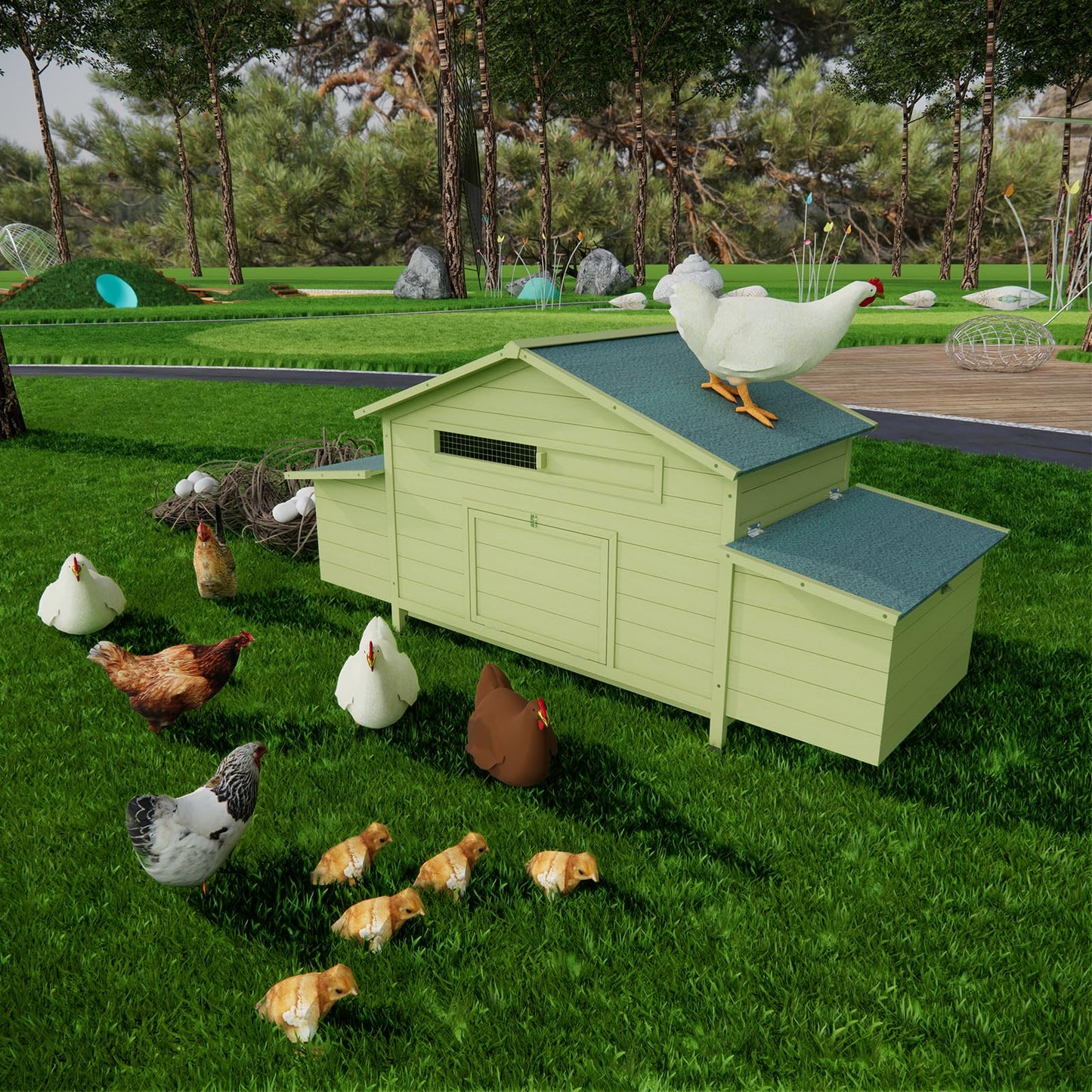 Outdoor Wooden Chicken Coop for 10 Chickens,Large Hen House Poultry Habitat Pet Hutch Run Cage with 2 Chicken Nesting Boxes,Walk in Chicken Coops Run W/Ramp and Run,Waterproof Roof,(80"×82"×69")