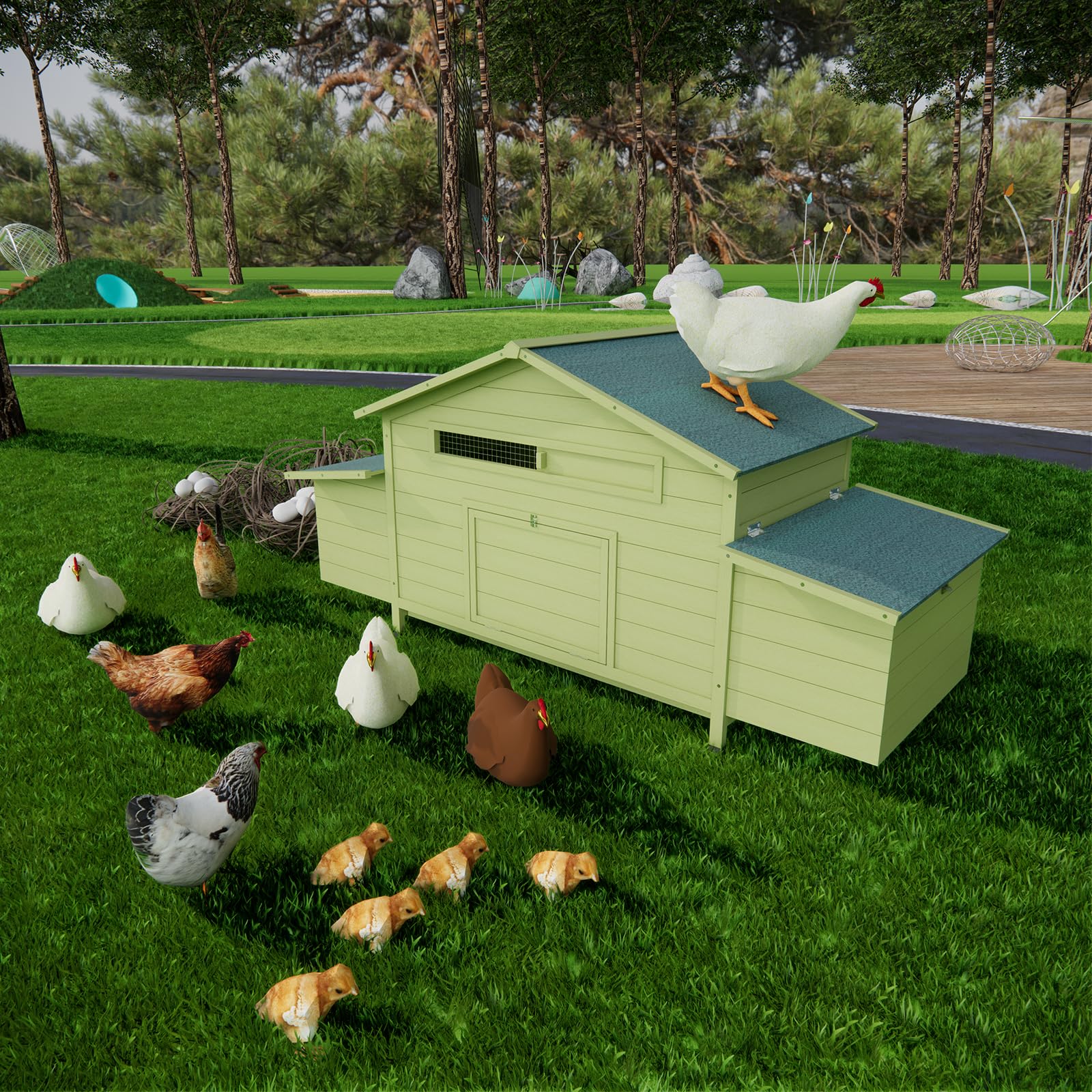Outdoor Wooden Chicken Coop for 10 Chickens,Large Hen House Poultry Habitat Pet Hutch Run Cage with 2 Chicken Nesting Boxes,Walk in Chicken Coops Run W/Ramp and Run,Waterproof Roof,(80"×82"×69")