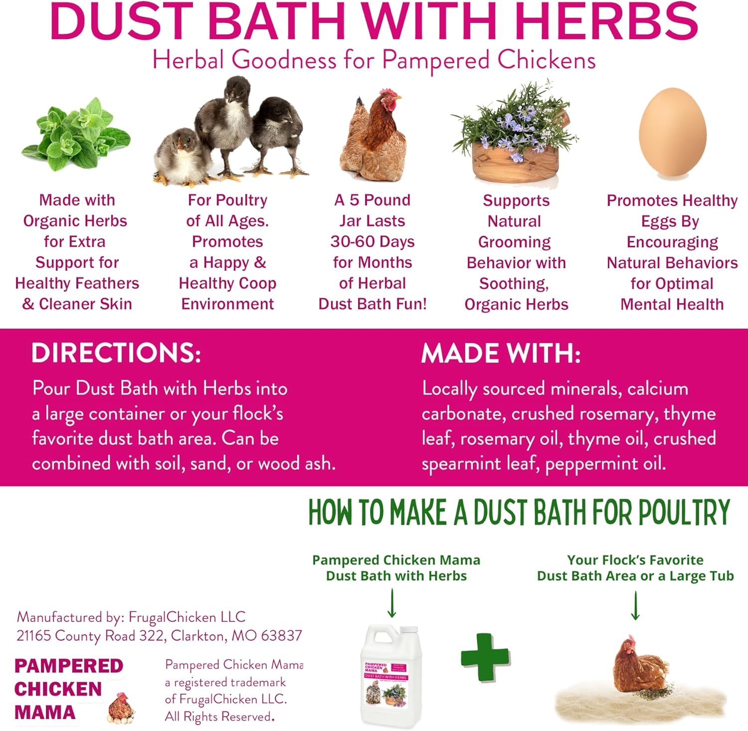 Pampered Chicken Mama 6 lb Dust Bath with Organic Herbs & Essential Oils for Chickens, Quail, & Poultry | Dust Bath for Chickens to Keep Feathers Clean & Healthy