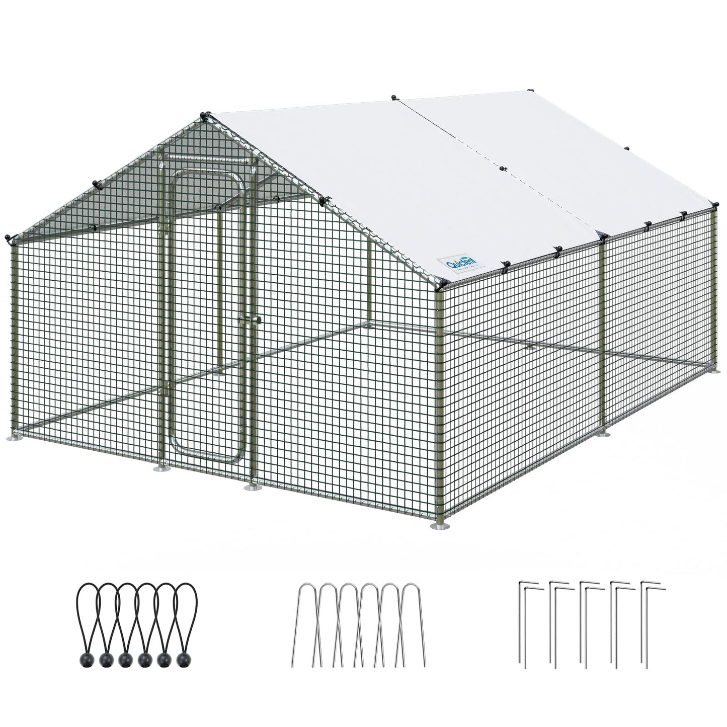 Quictent Large Metal Chicken Coop Run W/Nesting Box for 30+ Poultry with Heavy Duty Wire Mesh and Waterproof Roof Cover, Outdoor Walk-in Cage Peak Hen House for Yard Farm, 18x9x6.6FT