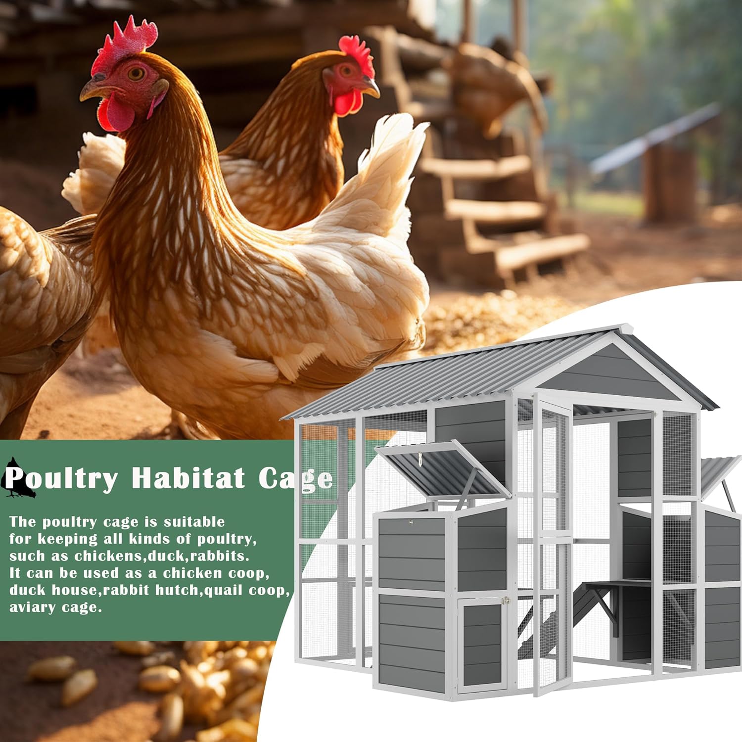 Outdoor Wooden Chicken Coop for 10 Chickens,Large Hen House Poultry Habitat Pet Hutch Run Cage with 2 Chicken Nesting Boxes,Walk in Chicken Coops Run W/Ramp and Run,Waterproof Roof,(80"×82"×69")