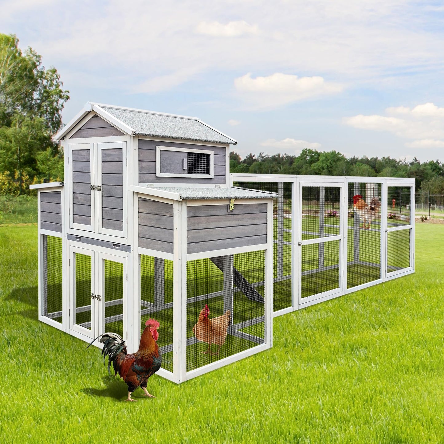 Outdoor Wooden Chicken Coop for 10 Chickens,Large Hen House Poultry Habitat Pet Hutch Run Cage with 2 Chicken Nesting Boxes,Walk in Chicken Coops Run W/Ramp and Run,Waterproof Roof,(80"×82"×69")