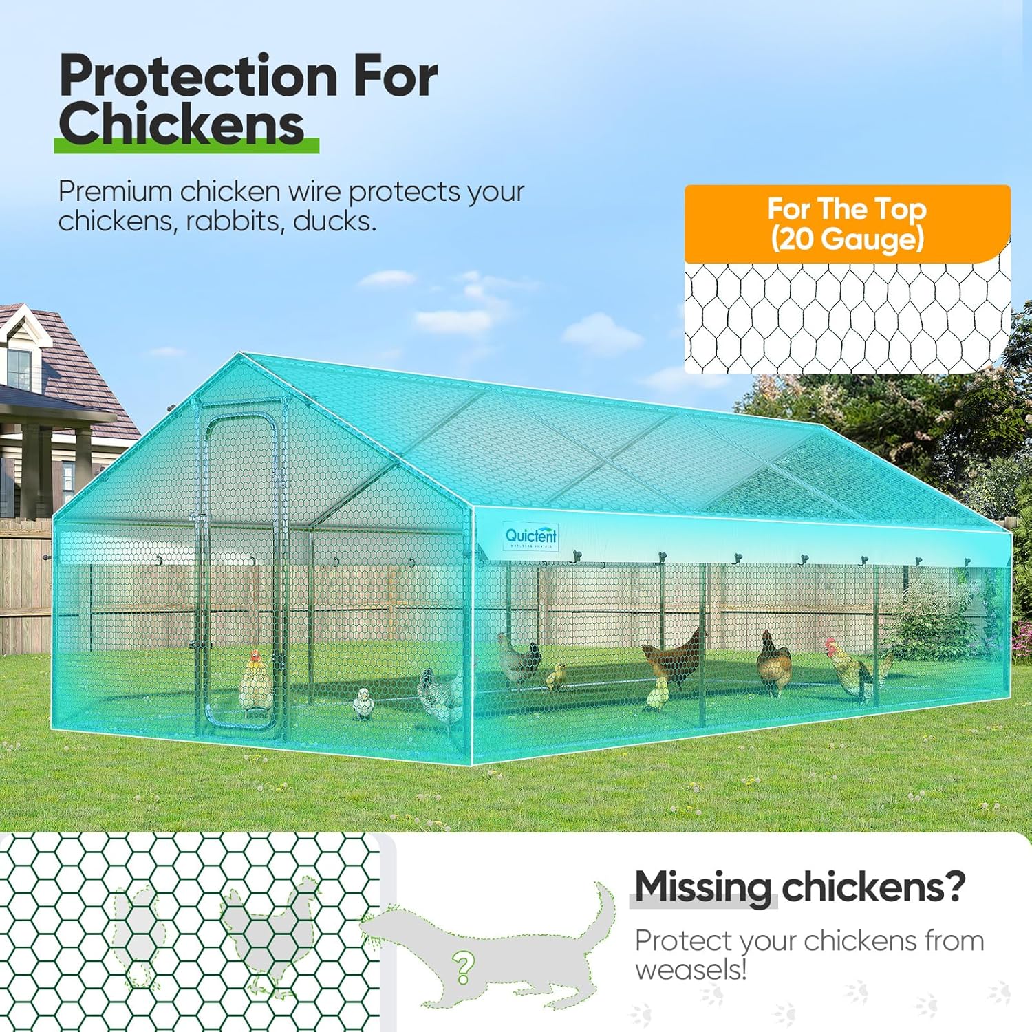 Quictent Large Metal Chicken Coop Run W/Nesting Box for 30+ Poultry with Heavy Duty Wire Mesh and Waterproof Roof Cover, Outdoor Walk-in Cage Peak Hen House for Yard Farm, 18x9x6.6FT