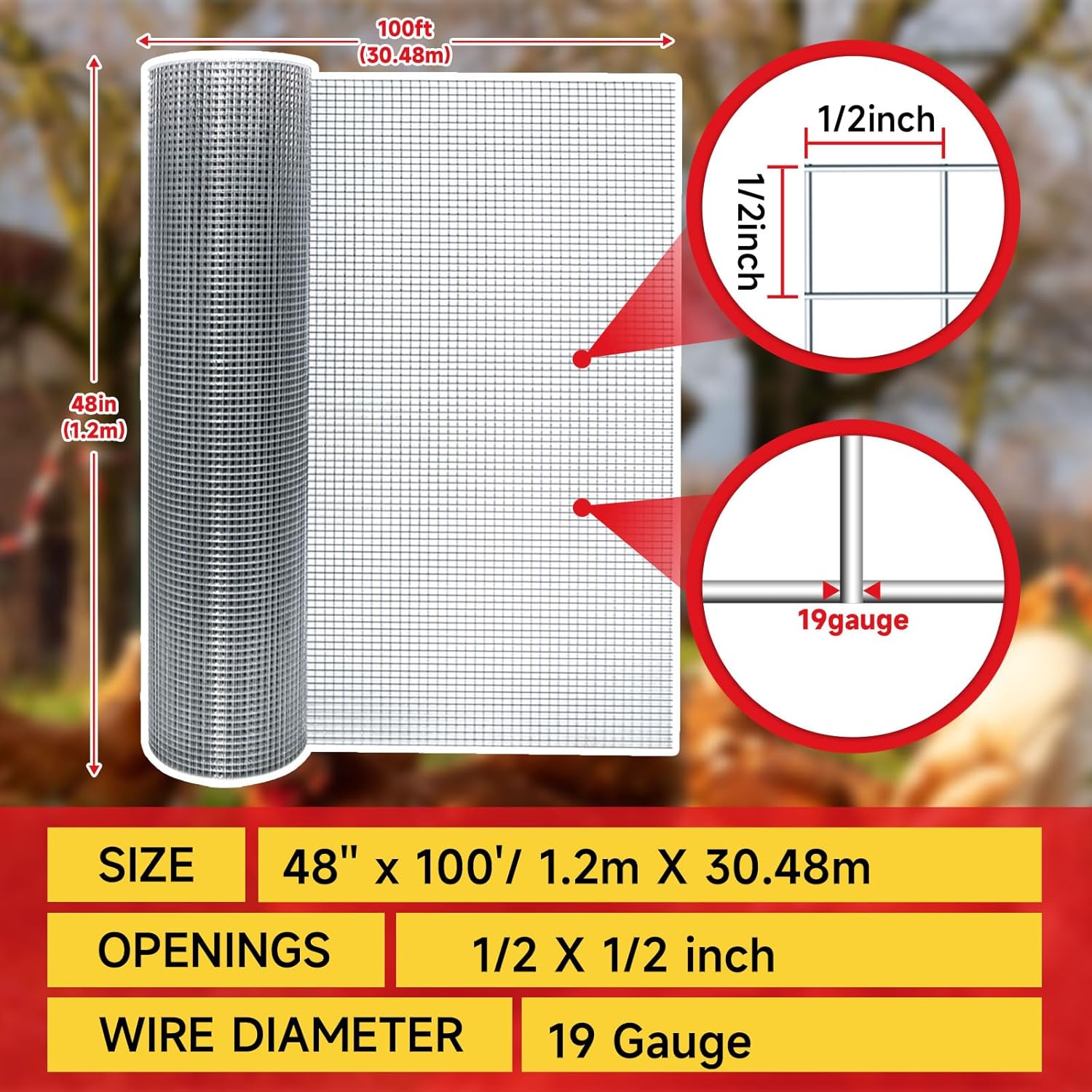 Hardware Cloth,1/2inch 48inx100ft 19 Gauge,Double-Layer Hot-Dip Galvanizing After Welding,Chicken Wire Fence Wire Mesh Fence Poultry Netting Garden Fence Tree Guard Rolls