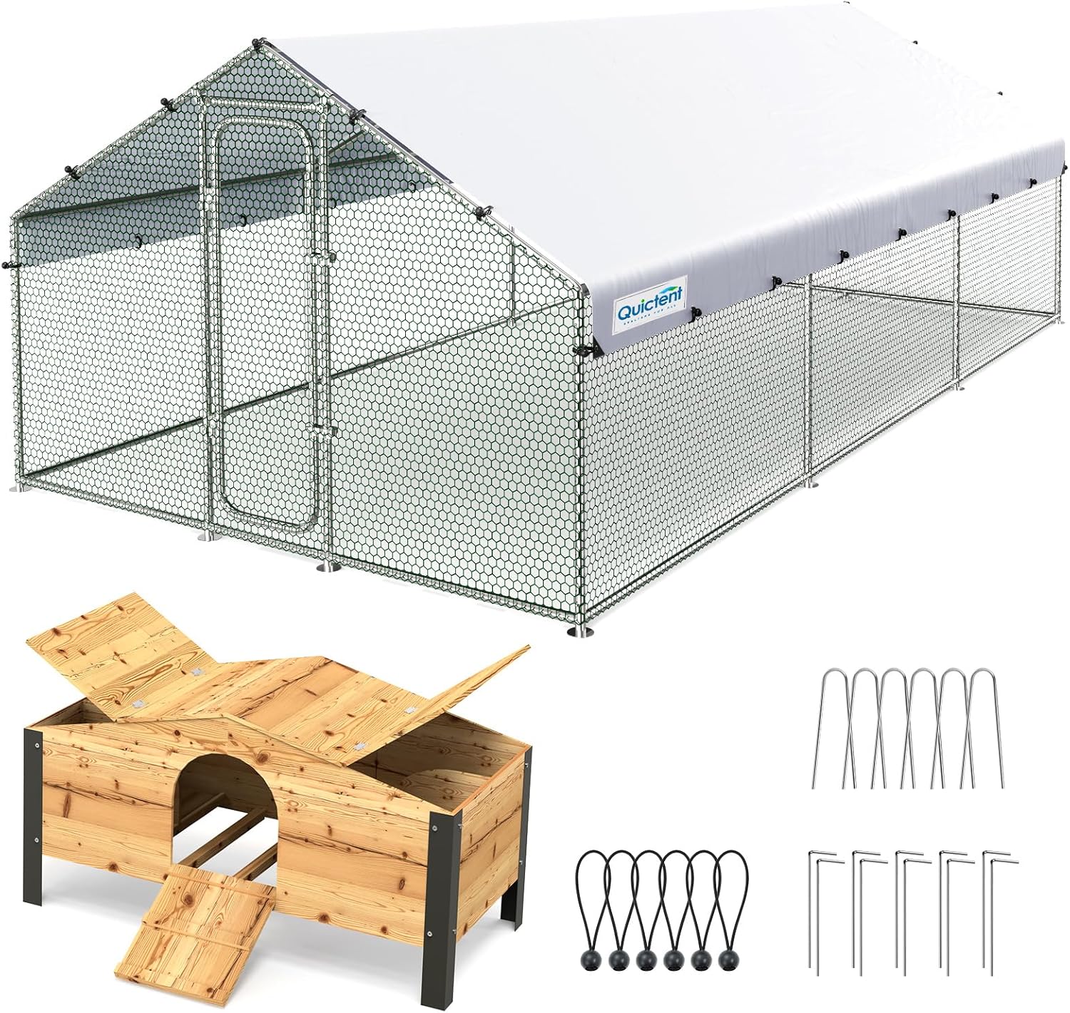 Quictent Large Metal Chicken Coop Run W/Nesting Box for 30+ Poultry with Heavy Duty Wire Mesh and Waterproof Roof Cover, Outdoor Walk-in Cage Peak Hen House for Yard Farm, 18x9x6.6FT