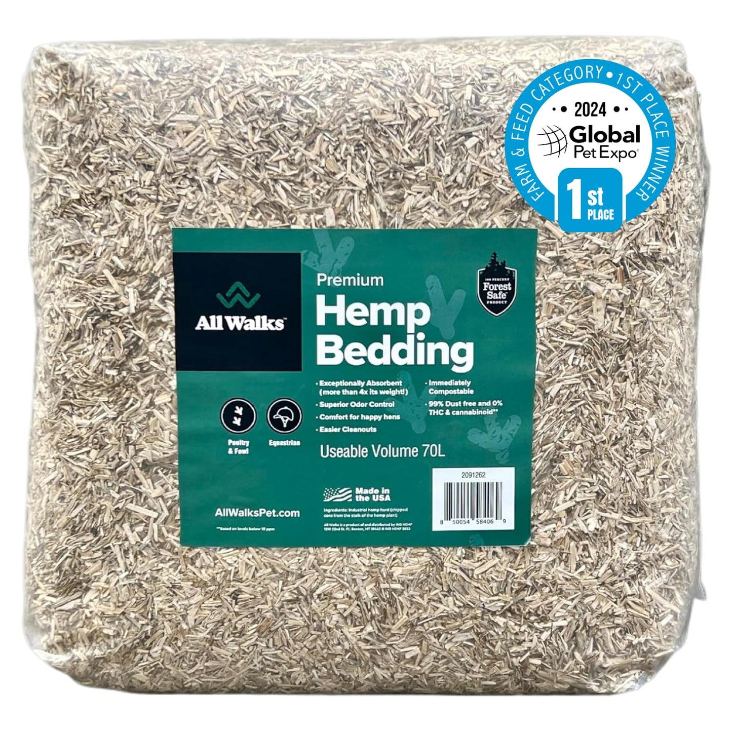 All Walks 40 Liter Hemp Bedding for Chicken Coops, Guinea Pigs, Hamsters, Rabbits, and Other Small Animals - 100% Natural, Superior Odor Control, Sustainably Sourced Pet Bedding - Made in America