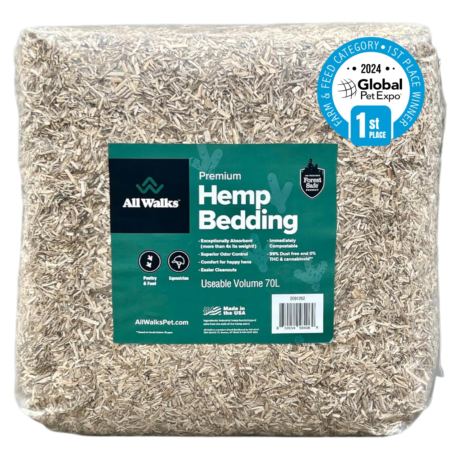 All Walks 40 Liter Hemp Bedding for Chicken Coops, Guinea Pigs, Hamsters, Rabbits, and Other Small Animals - 100% Natural, Superior Odor Control, Sustainably Sourced Pet Bedding - Made in America