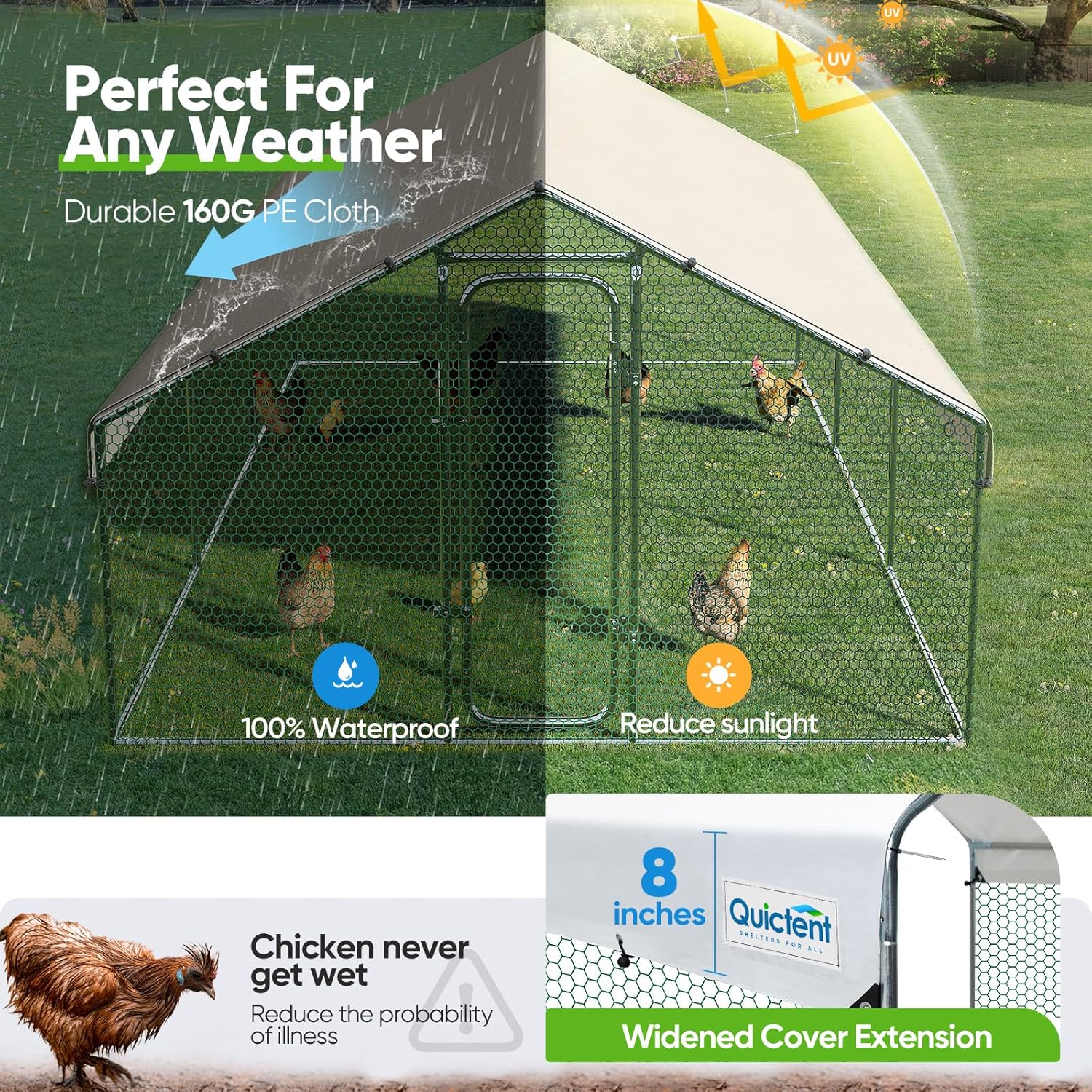 Quictent Large Metal Chicken Coop Run W/Nesting Box for 30+ Poultry with Heavy Duty Wire Mesh and Waterproof Roof Cover, Outdoor Walk-in Cage Peak Hen House for Yard Farm, 18x9x6.6FT