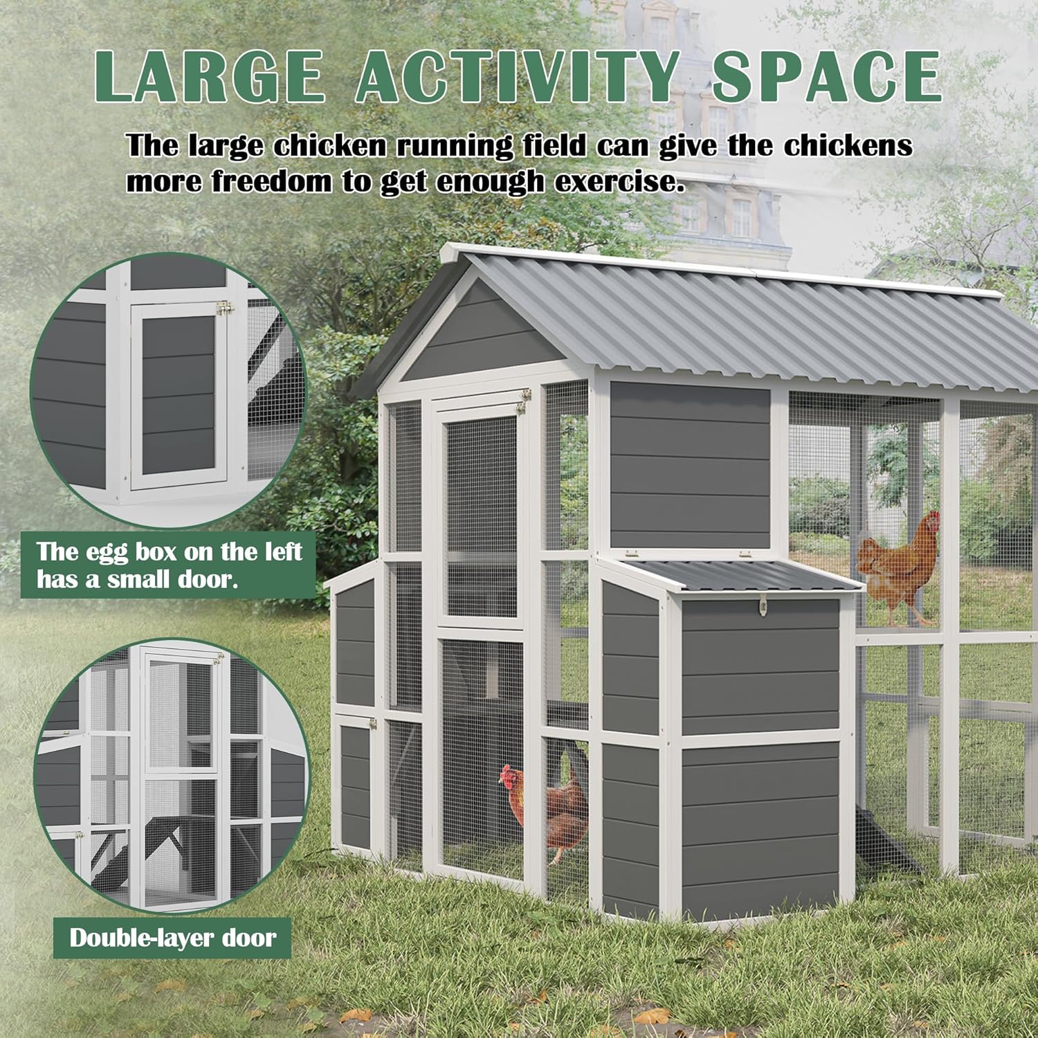 Outdoor Wooden Chicken Coop for 10 Chickens,Large Hen House Poultry Habitat Pet Hutch Run Cage with 2 Chicken Nesting Boxes,Walk in Chicken Coops Run W/Ramp and Run,Waterproof Roof,(80"×82"×69")