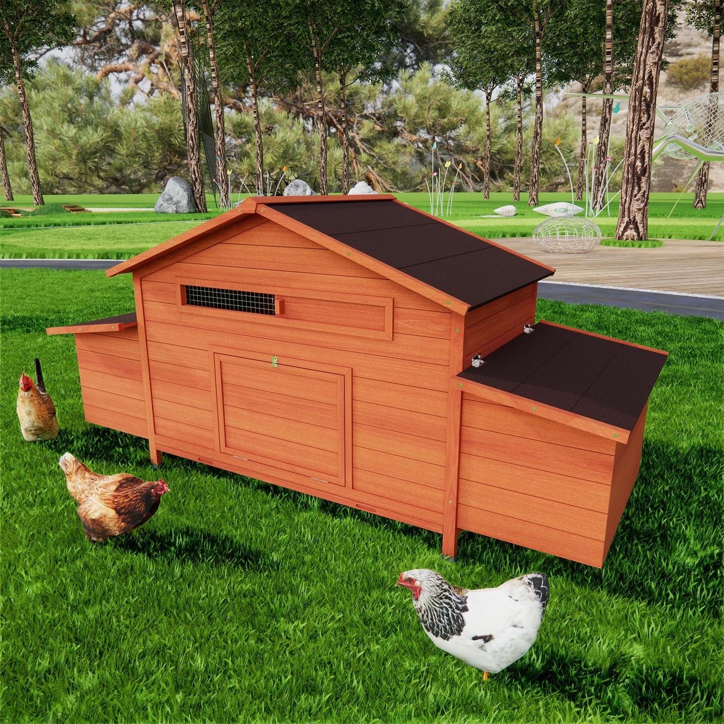 Outdoor Wooden Chicken Coop for 10 Chickens,Large Hen House Poultry Habitat Pet Hutch Run Cage with 2 Chicken Nesting Boxes,Walk in Chicken Coops Run W/Ramp and Run,Waterproof Roof,(80"×82"×69")