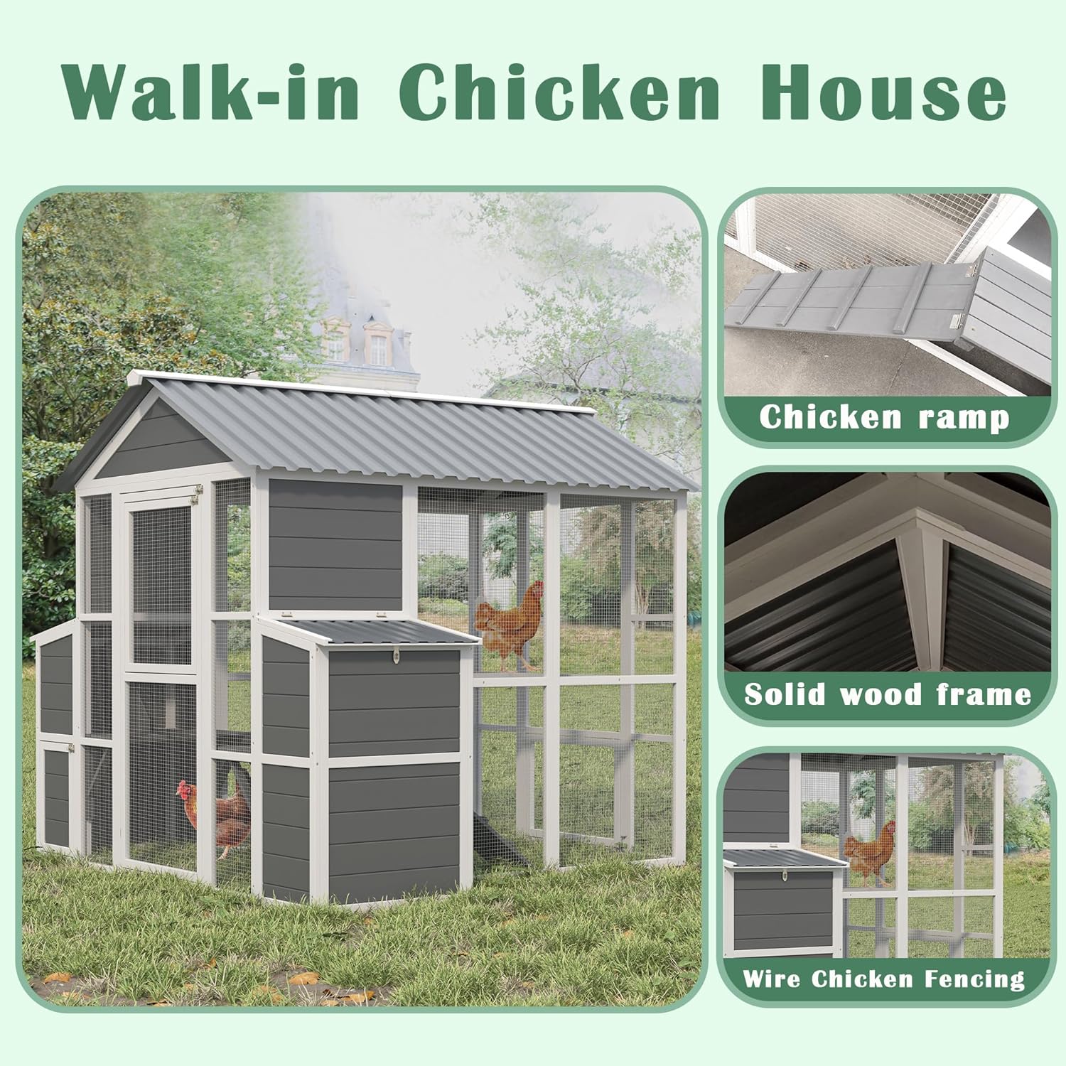 Outdoor Wooden Chicken Coop for 10 Chickens,Large Hen House Poultry Habitat Pet Hutch Run Cage with 2 Chicken Nesting Boxes,Walk in Chicken Coops Run W/Ramp and Run,Waterproof Roof,(80"×82"×69")