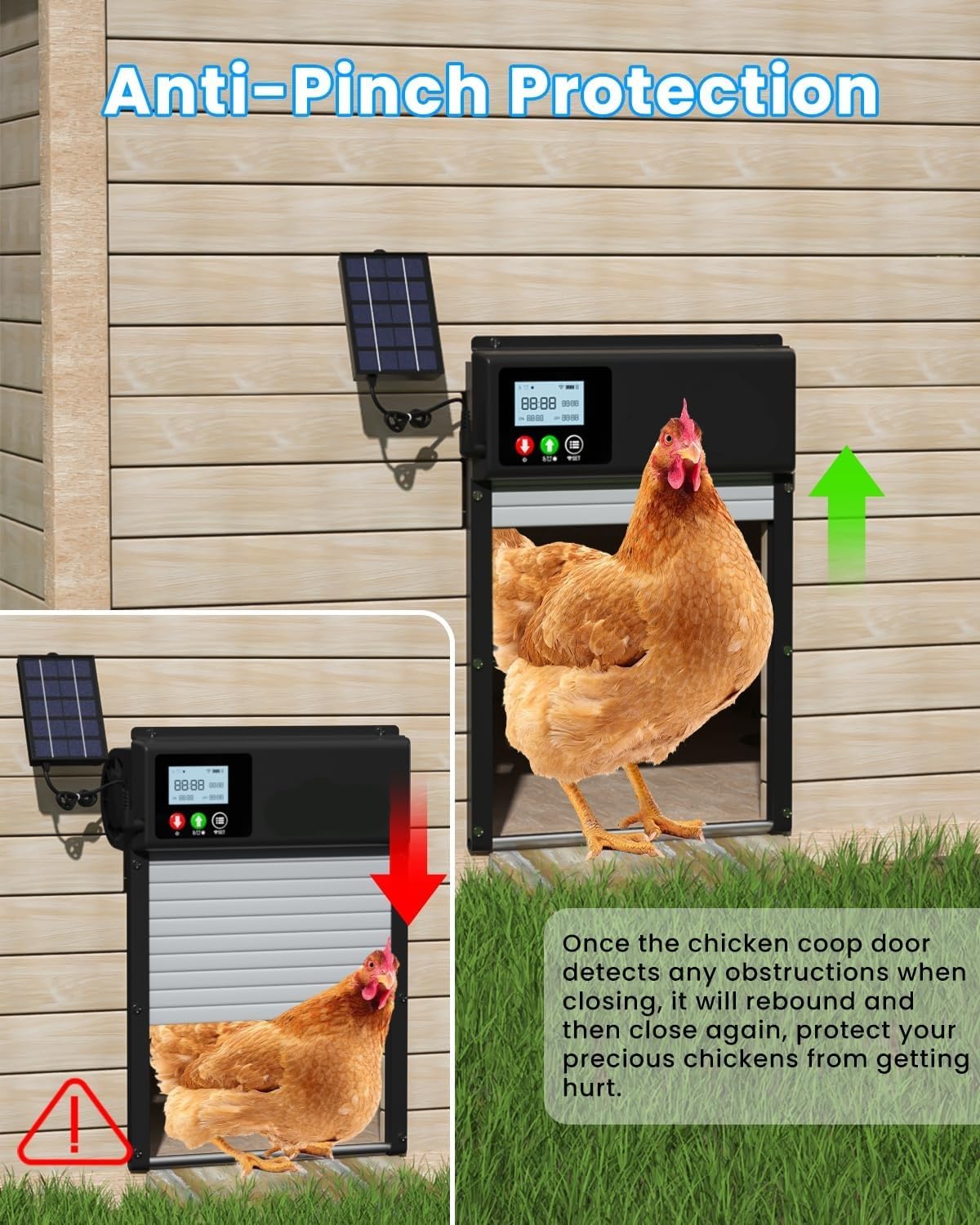 3-in-1 Upgraded WiFi Automatic Chicken Coop Door Solar Powered, APP Remote Control Chicken Door Opener, LCD Display, Timer & Light Sensor, Electric Auto Chicken Door